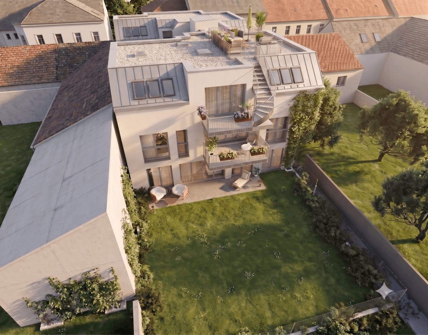 Vogelperspektive eines modernen Wohngebäudes mit Garten, Balkonen und Dachterrasse.