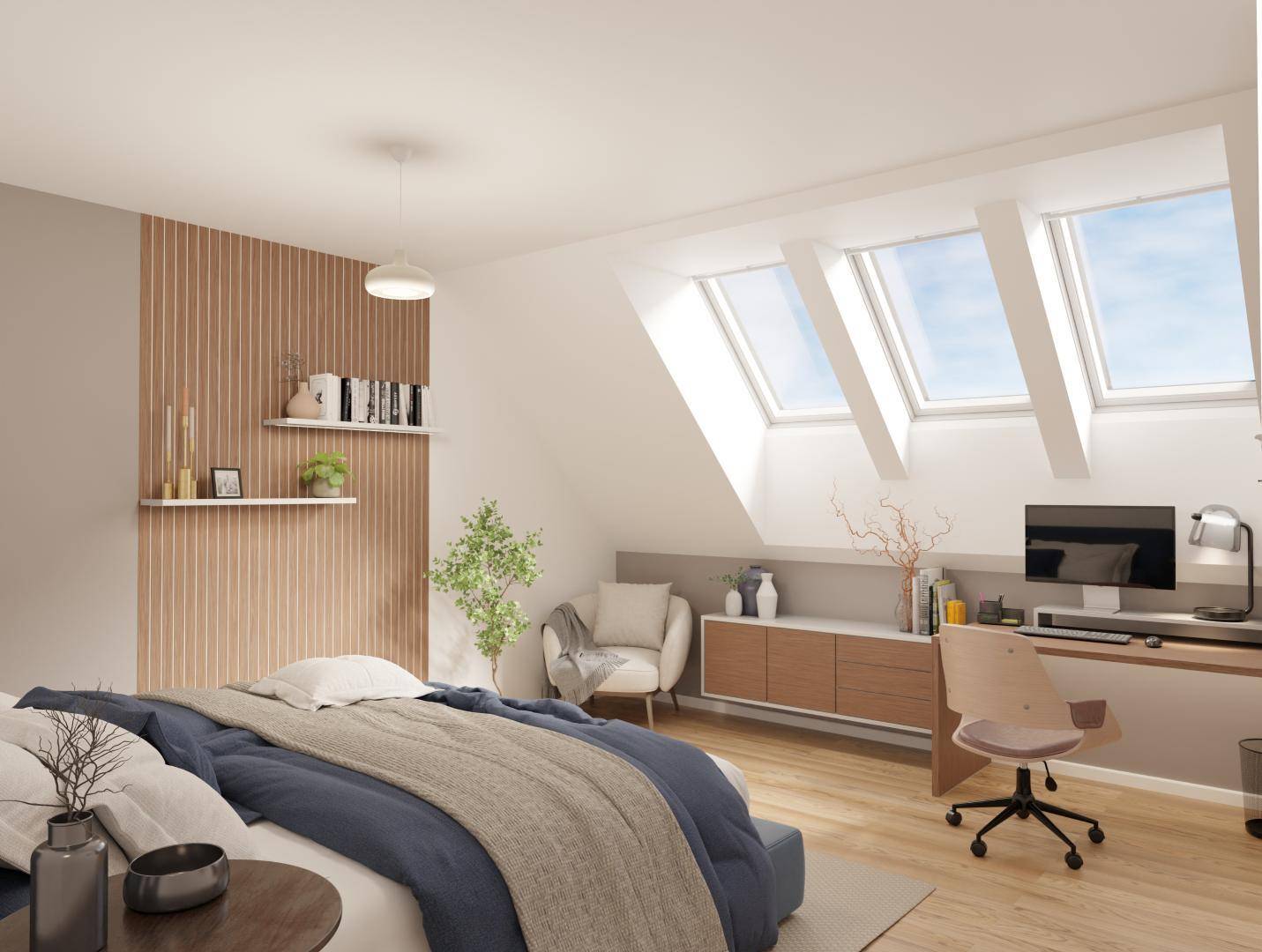 Helles Schlafzimmer mit Arbeitsbereich, Holzboden und mehreren Dachfenstern für viel Licht.