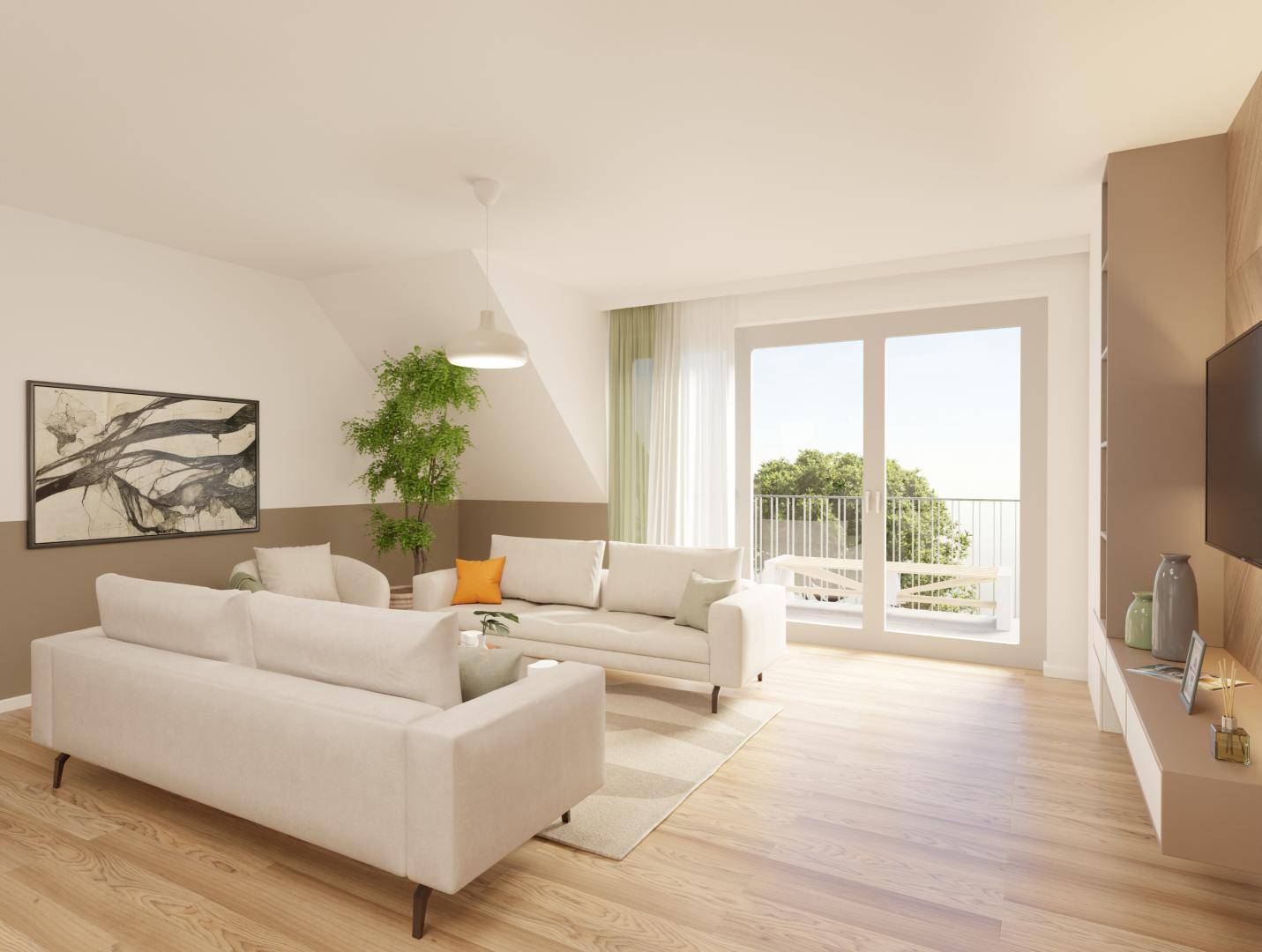 Geräumiges Wohnzimmer mit hellem Holzboden, großen Fenstern und direktem Balkonzugang.