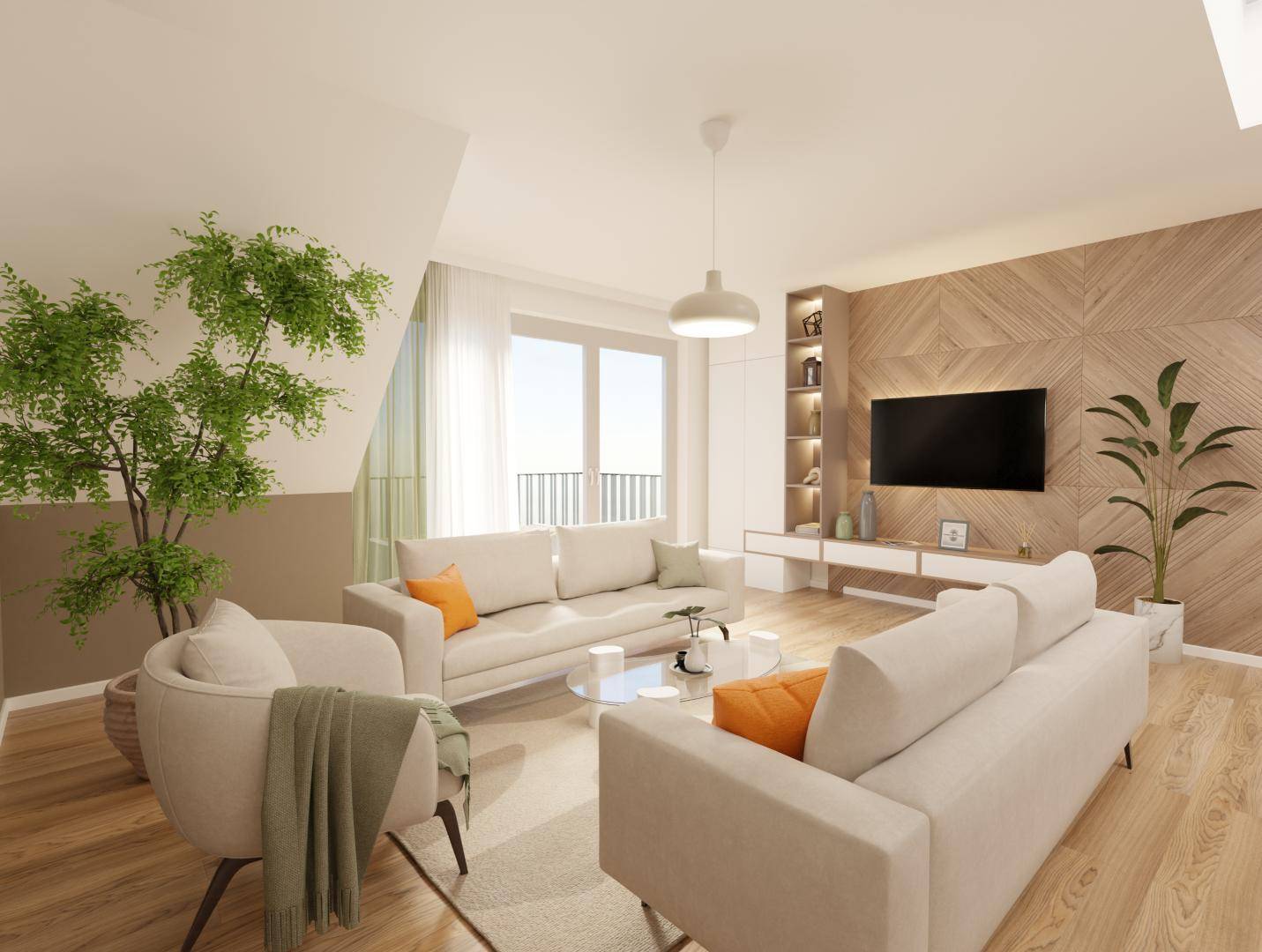 Helles Wohnzimmer mit modernem Mobiliar, Holzboden und Zugang zu einem Balkon.