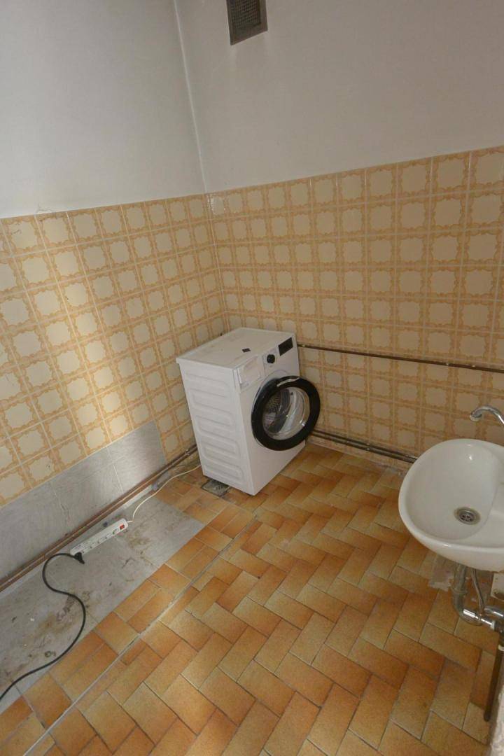 Hauswirtschaftsraum mit Waschmaschine, Waschbecken und gemusterten Wandfliesen.