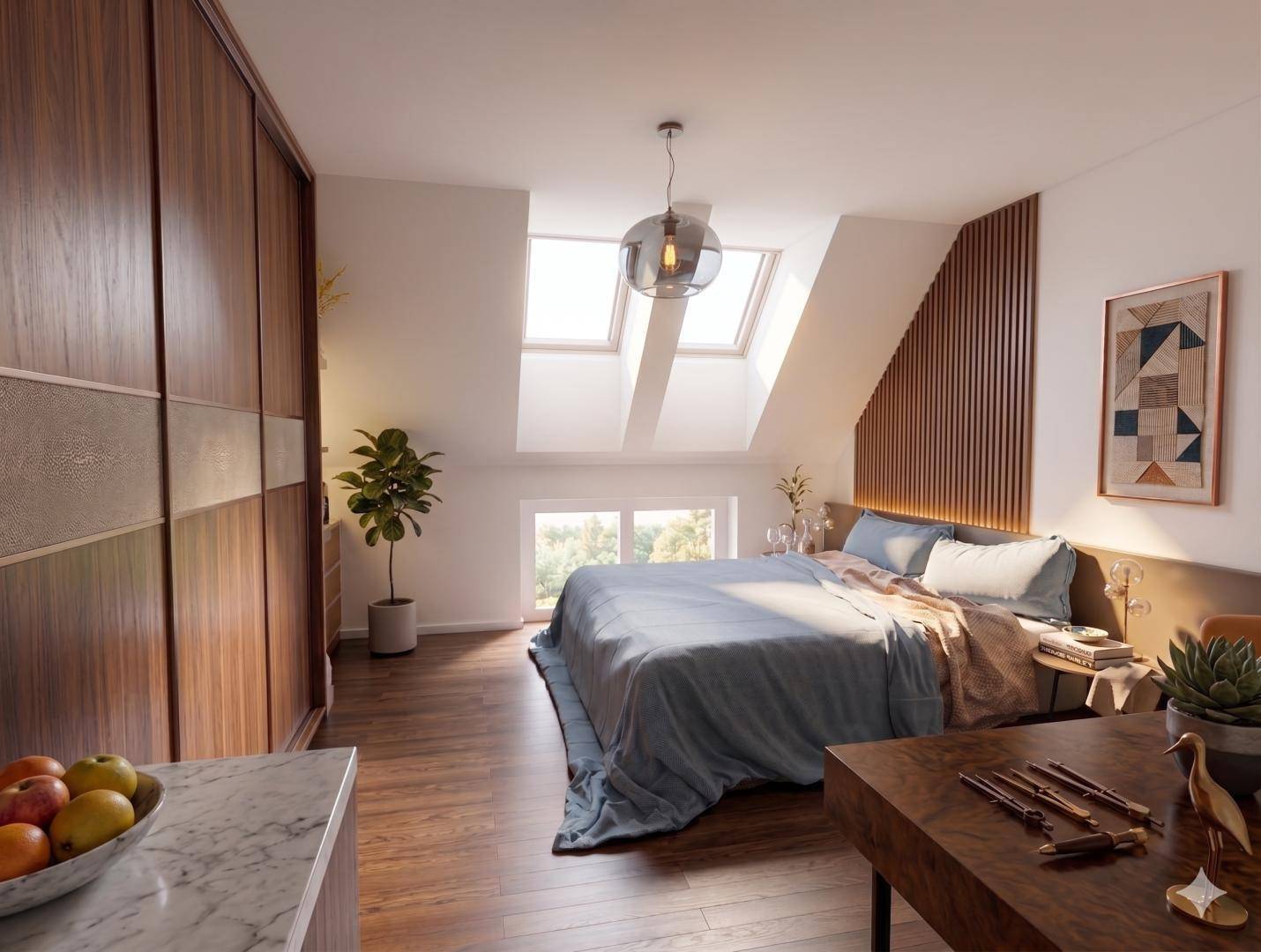 Gemütliches Schlafzimmer mit Holzboden, Einbauschrank, Dachschrägen und Dachfenstern.