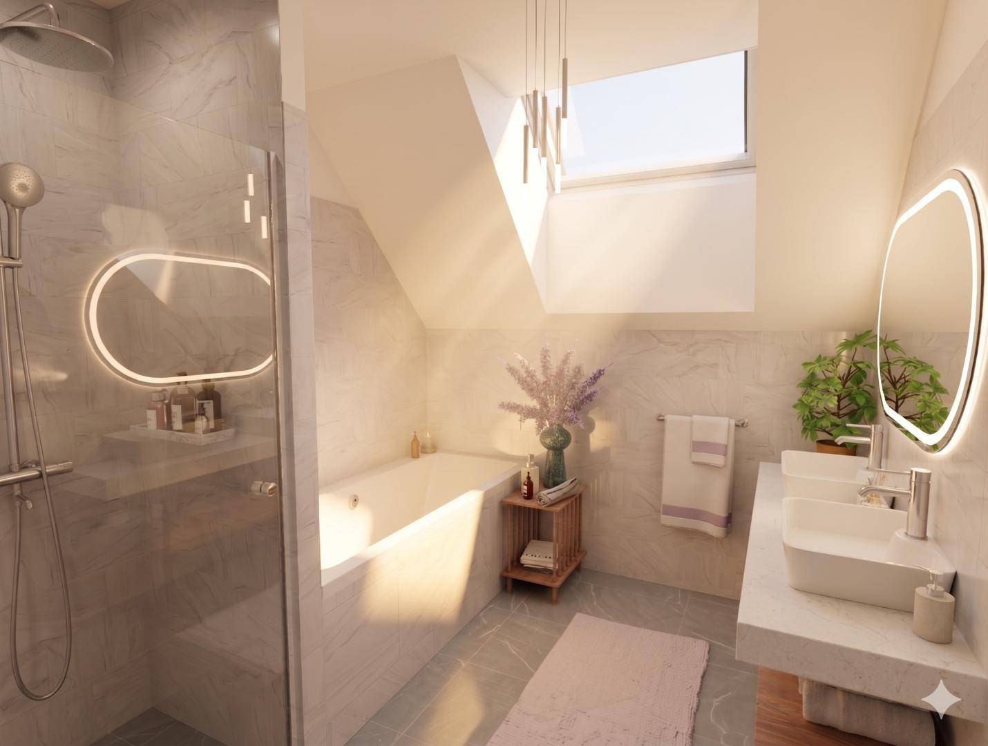 Modernes Badezimmer mit Badewanne, begehbarer Dusche, Doppelwaschbecken und Dachfenster.