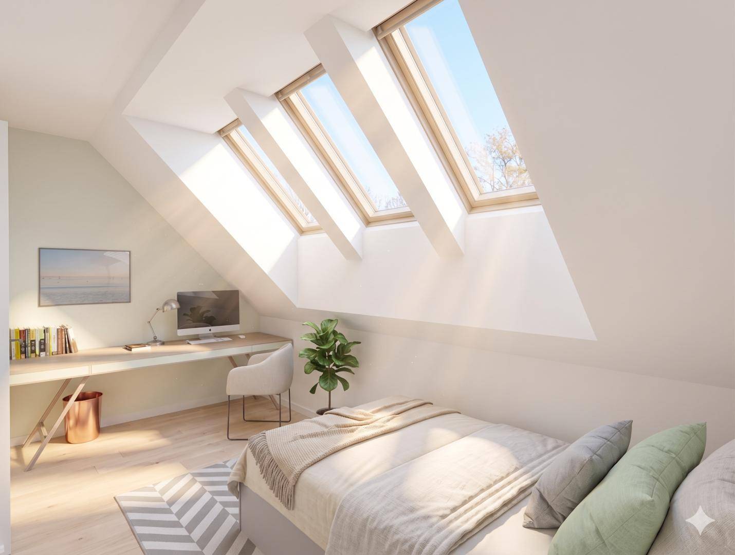 Helles Schlafzimmer mit Arbeitsbereich, Holzboden und mehreren großen Dachfenstern.