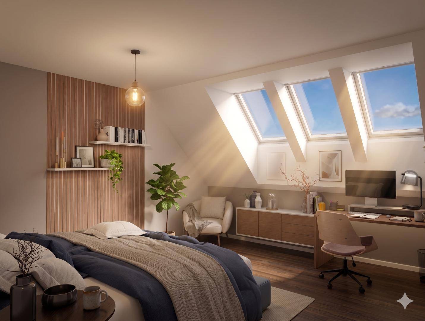 Helles Schlafzimmer im Dachgeschoss mit Dachfenstern, Holzboden und integriertem Arbeitsbereich.