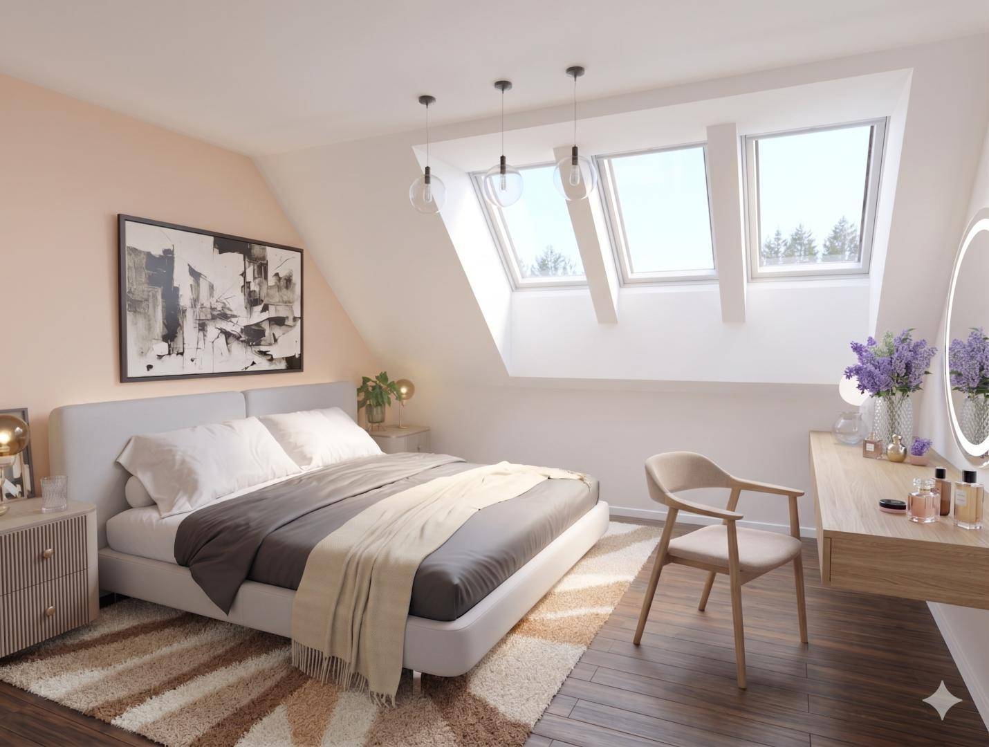 Elegantes Schlafzimmer mit Dachfenstern, Holzboden und einem Schminktisch mit Spiegel.