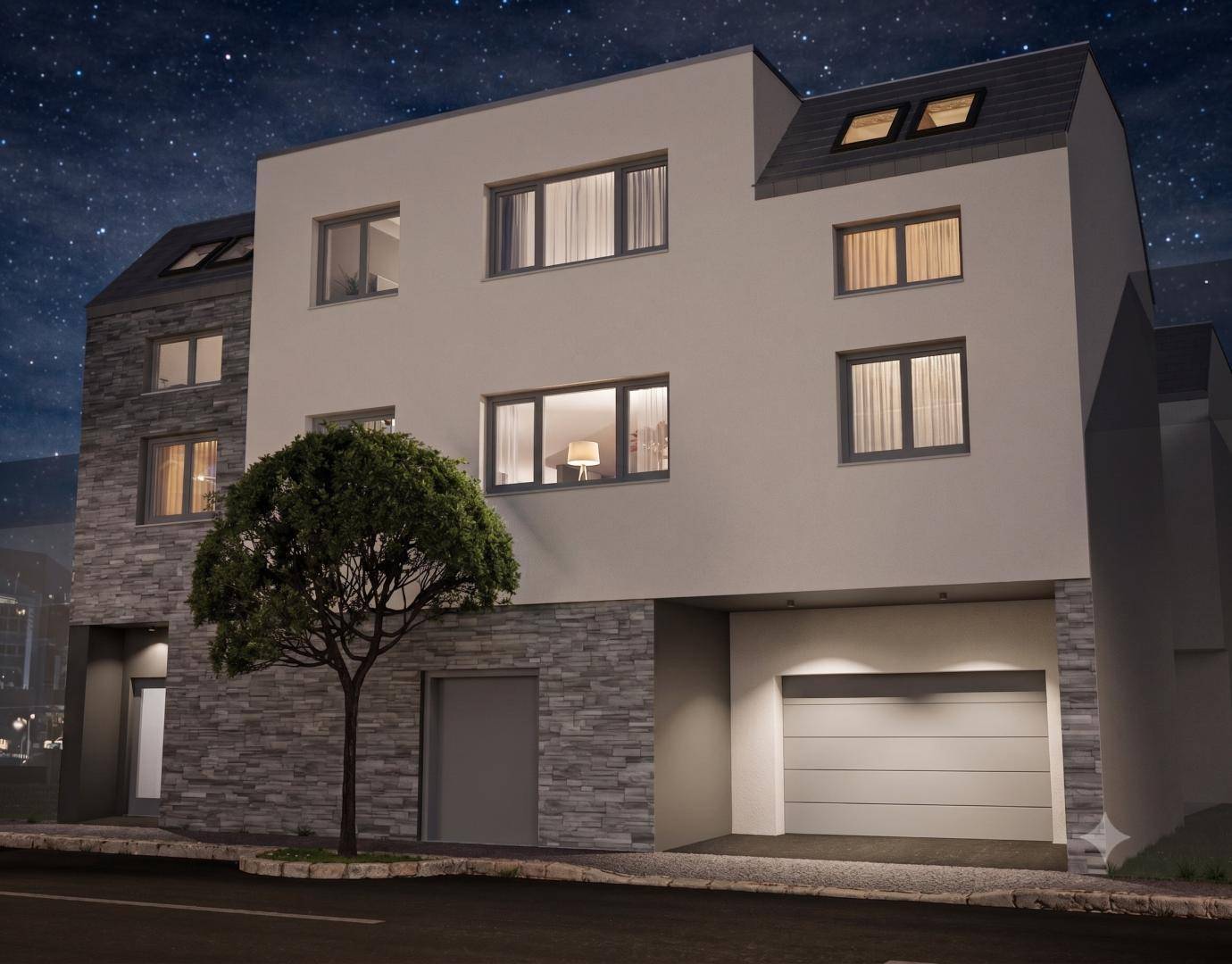 Moderne Gebäudefassade bei Nacht mit beleuchteten Fenstern und integrierter Garage.