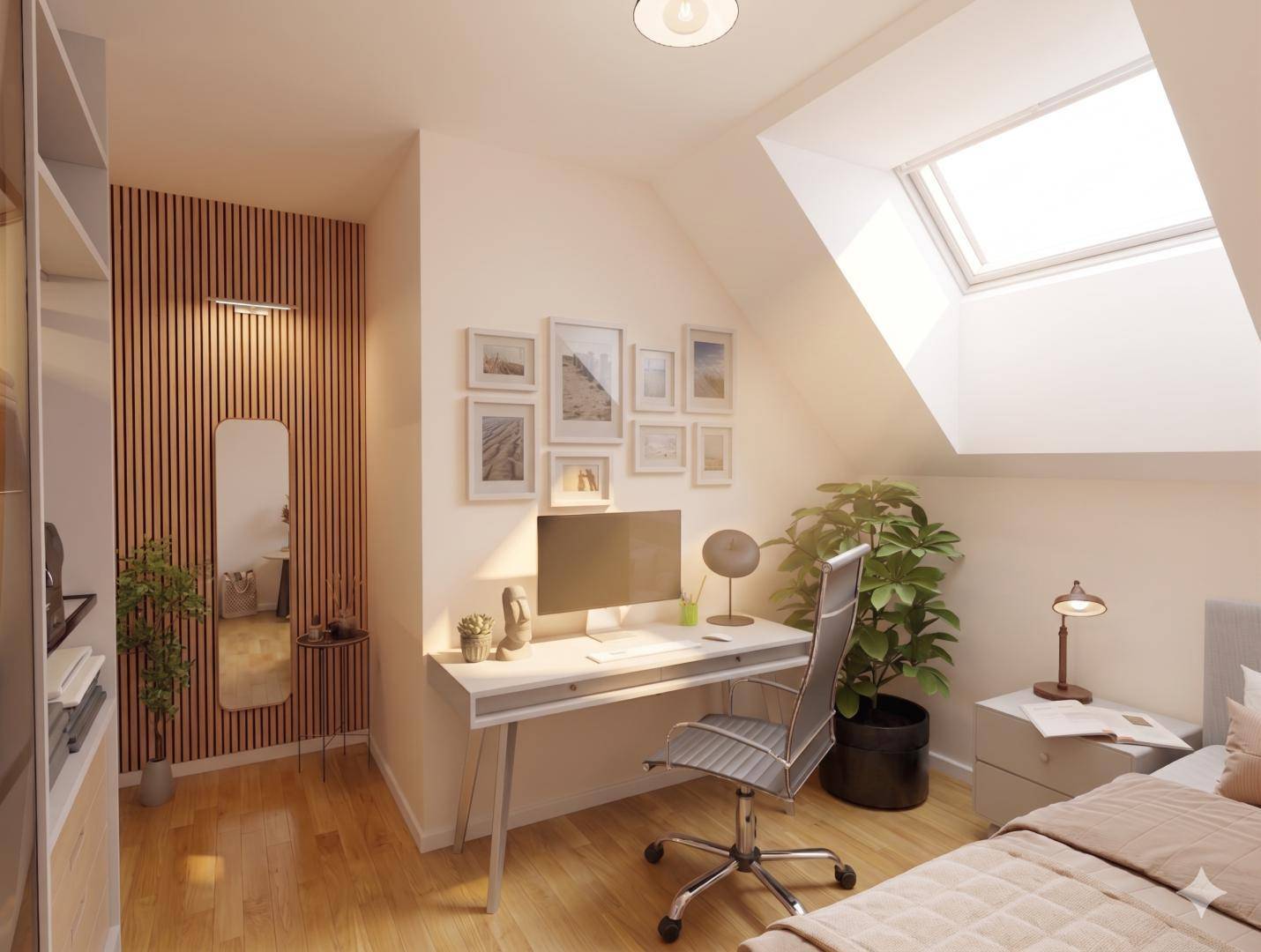 Helles Schlafzimmer mit Dachfenster, Holzboden und einem funktionalen Arbeitsbereich.