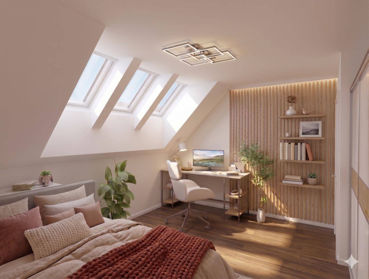 Modernes Schlafzimmer mit Dachfenstern, Holzboden und einem stilvollen Arbeitsplatz.
