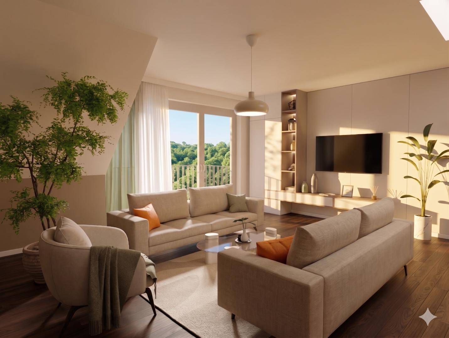 Gemütliches Wohnzimmer mit beigen Sofas, Holzboden und Zugang zu einem Balkon mit Grünblick.