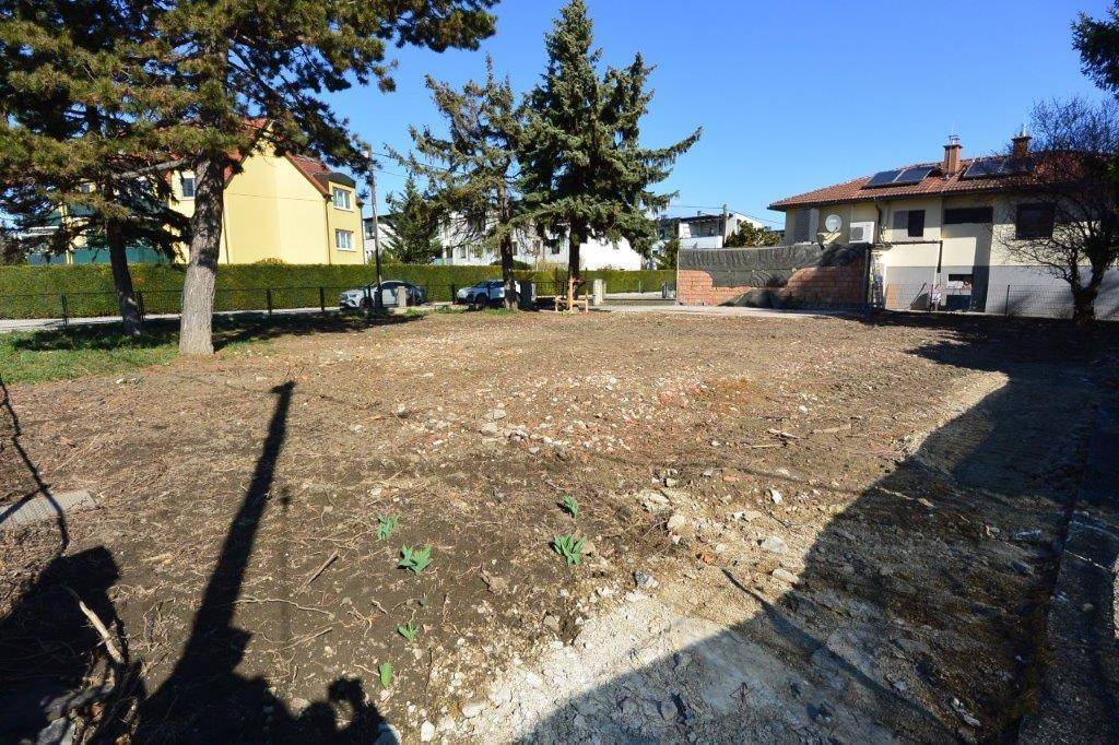 Weitläufiges Grundstück mit kahler Erde und vereinzelten Bäumen unter blauem Himmel.