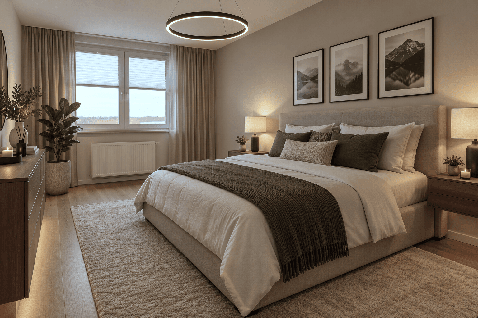 Gemütliches Schlafzimmer mit großem Doppelbett, Nachttischen und Fenster mit Blick nach draußen.