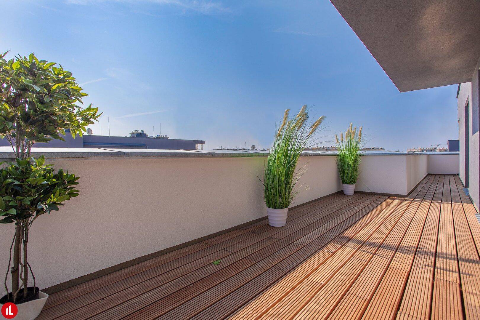 Sonnige Dachterrasse mit Holzdielen und dekorativen Pflanzen.