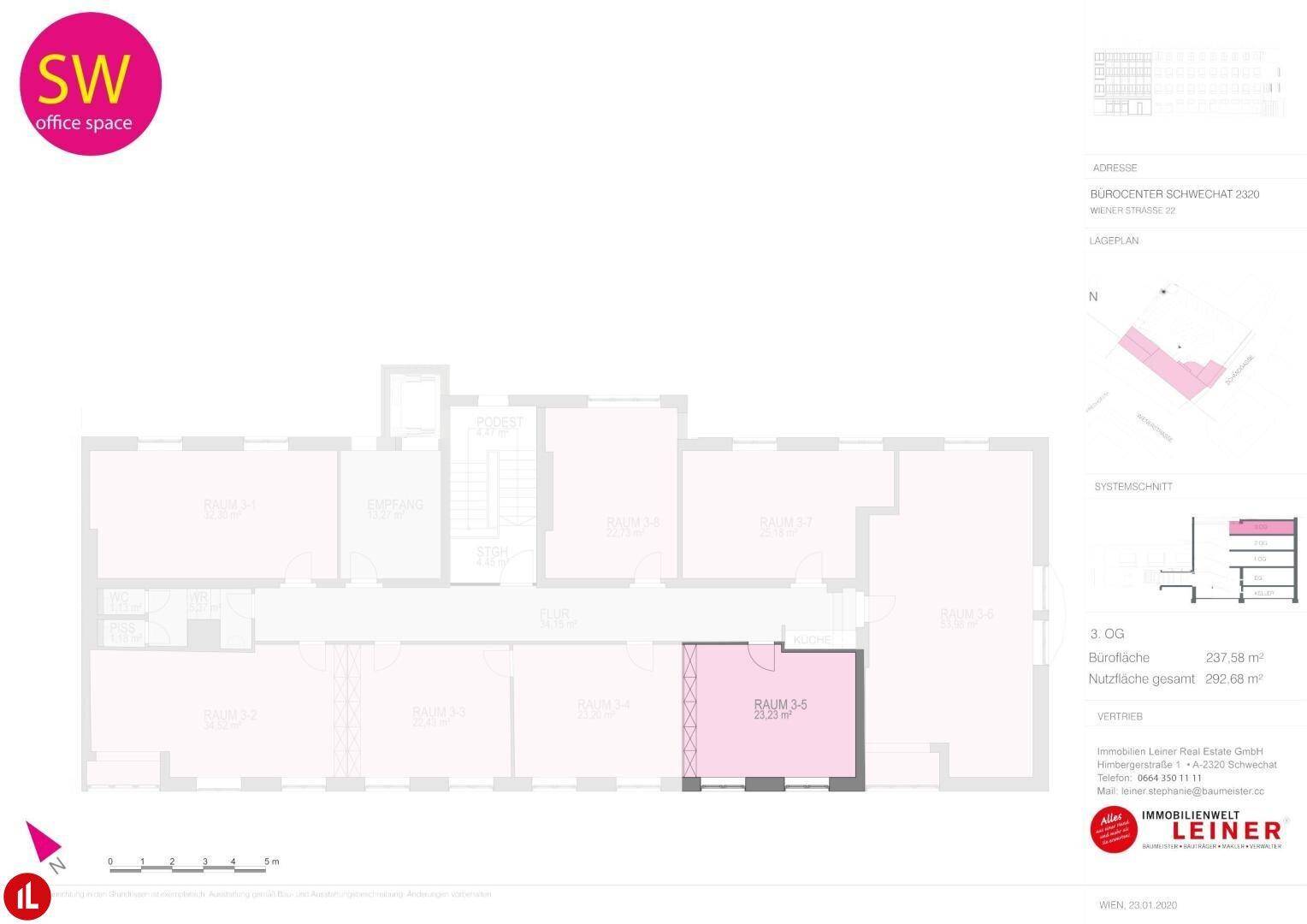 Grundrissplan eines Bürogebäudes mit hervorgehobener Mietfläche von 237,58 m² im dritten Obergeschoss.