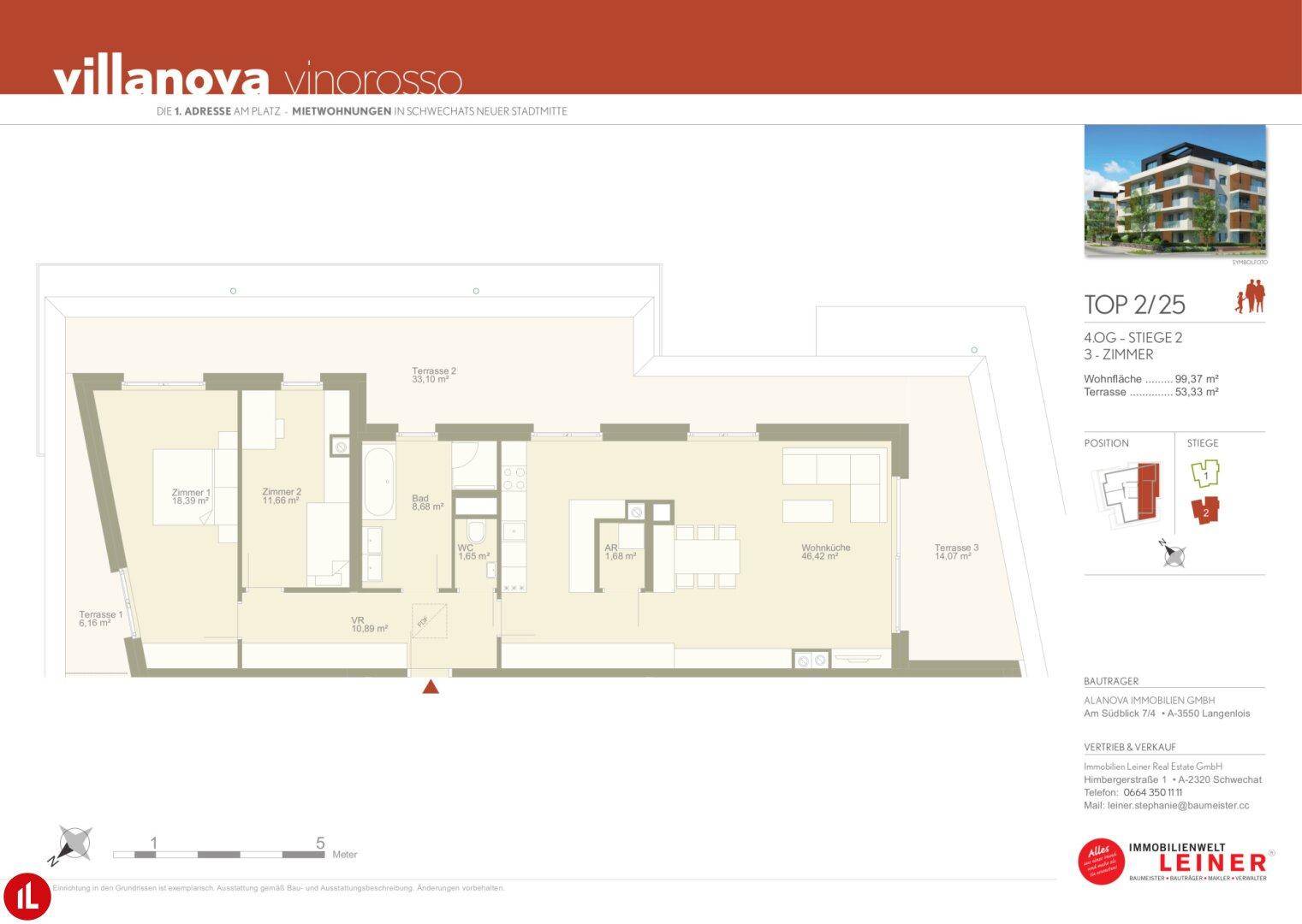 Grundriss einer 3-Zimmer-Wohnung mit offener Wohnküche und Terrasse.