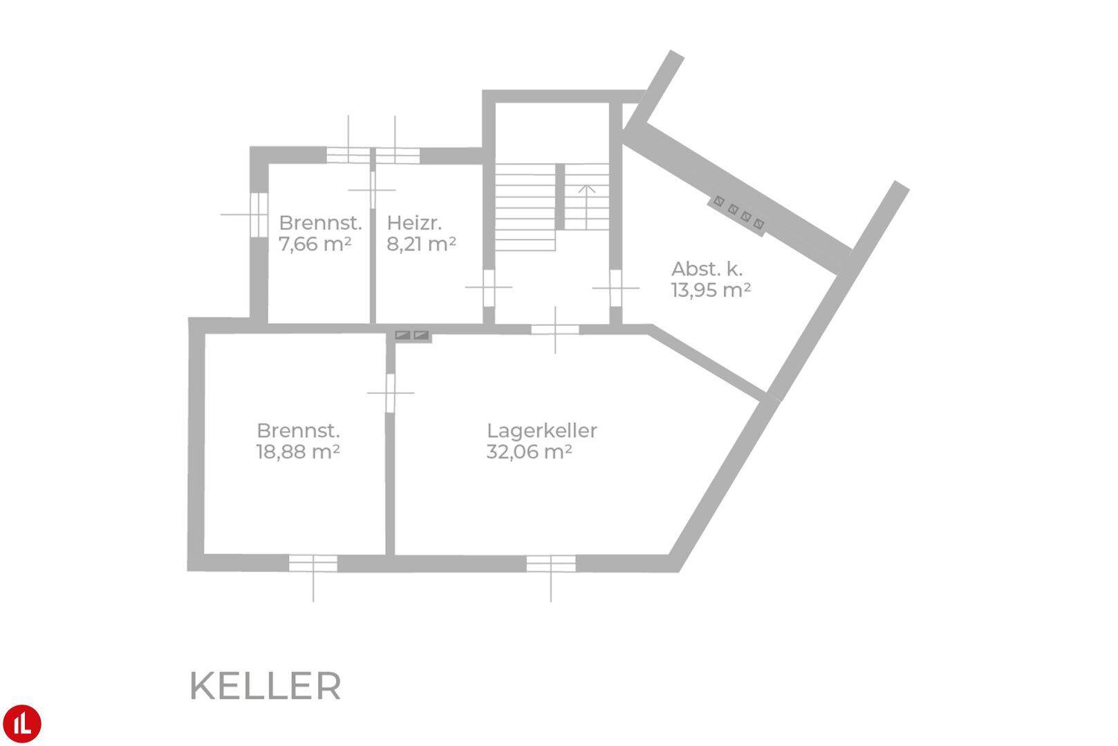 Grundriss des Kellers mit Lagerkeller, Heizraum und weiteren Abstellräumen sowie Treppenabgang.