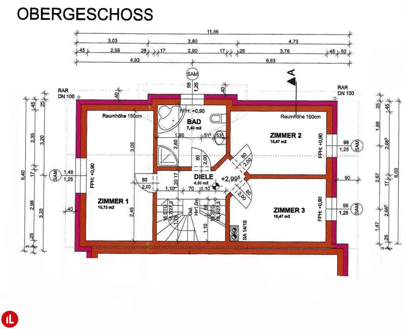 Grundriss des Obergeschosses mit drei Schlafzimmern und einem Badezimmer.