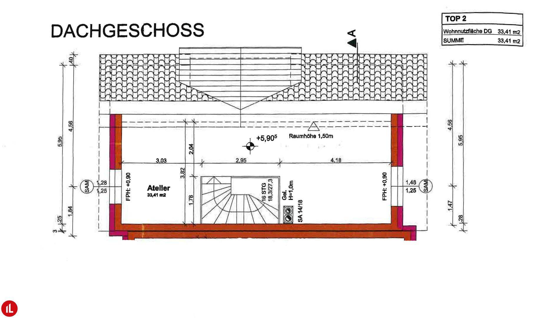Grundriss des Dachgeschosses mit Atelierbereich und Dachschrägen.