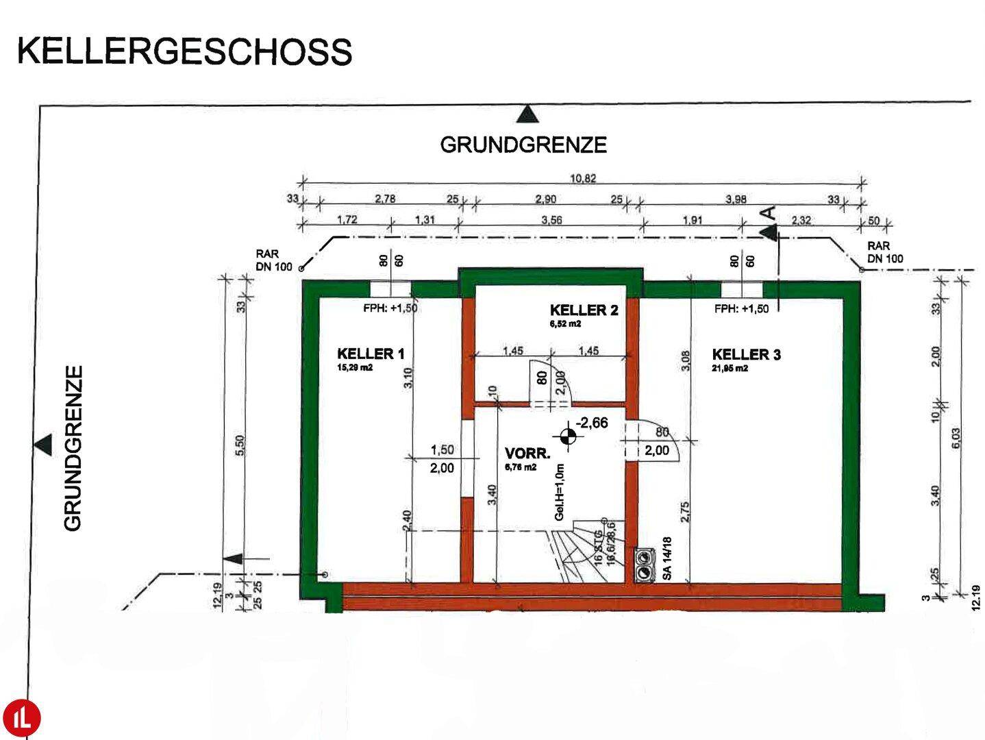 Grundriss des Kellergeschosses mit mehreren Kellerräumen und Vorratsbereich.