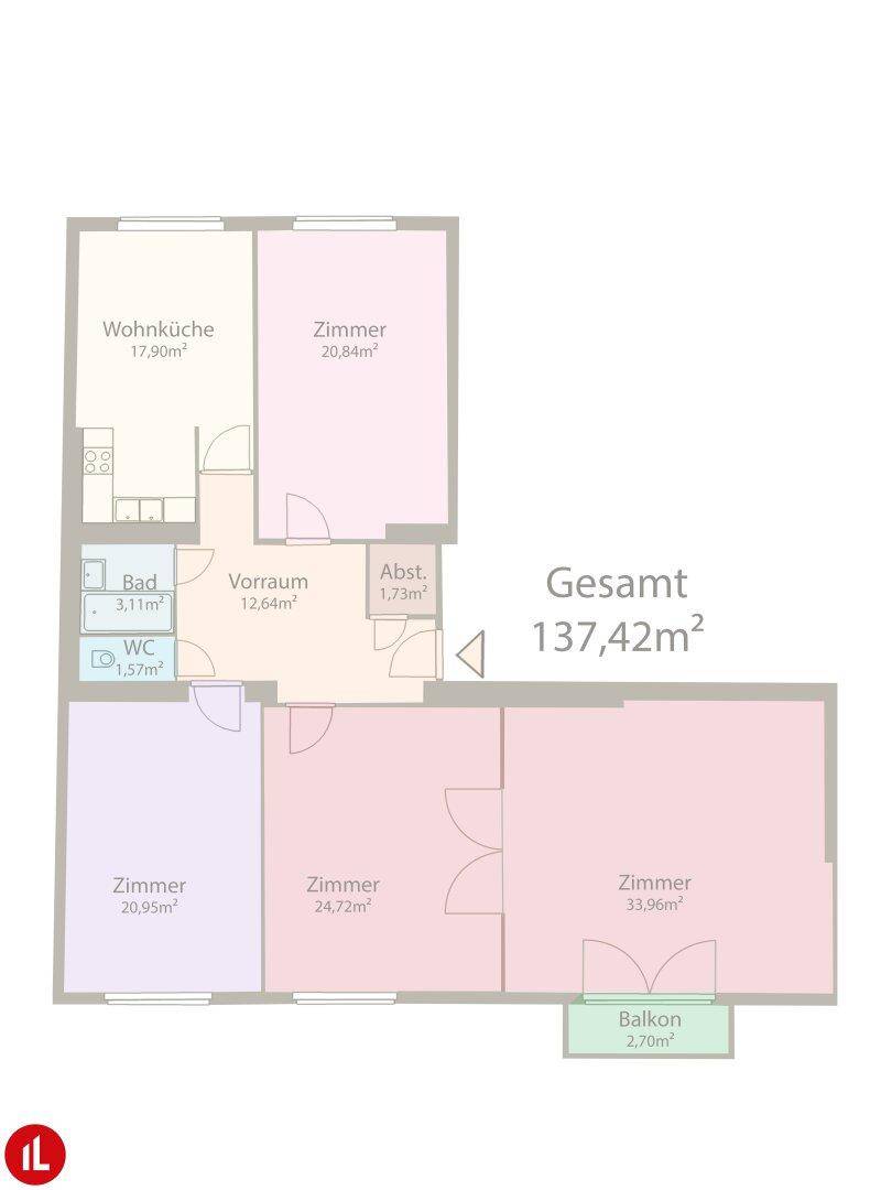 Grundriss einer Wohnung mit mehreren Zimmern, Balkon und einer Gesamtfläche von 137,42 m².