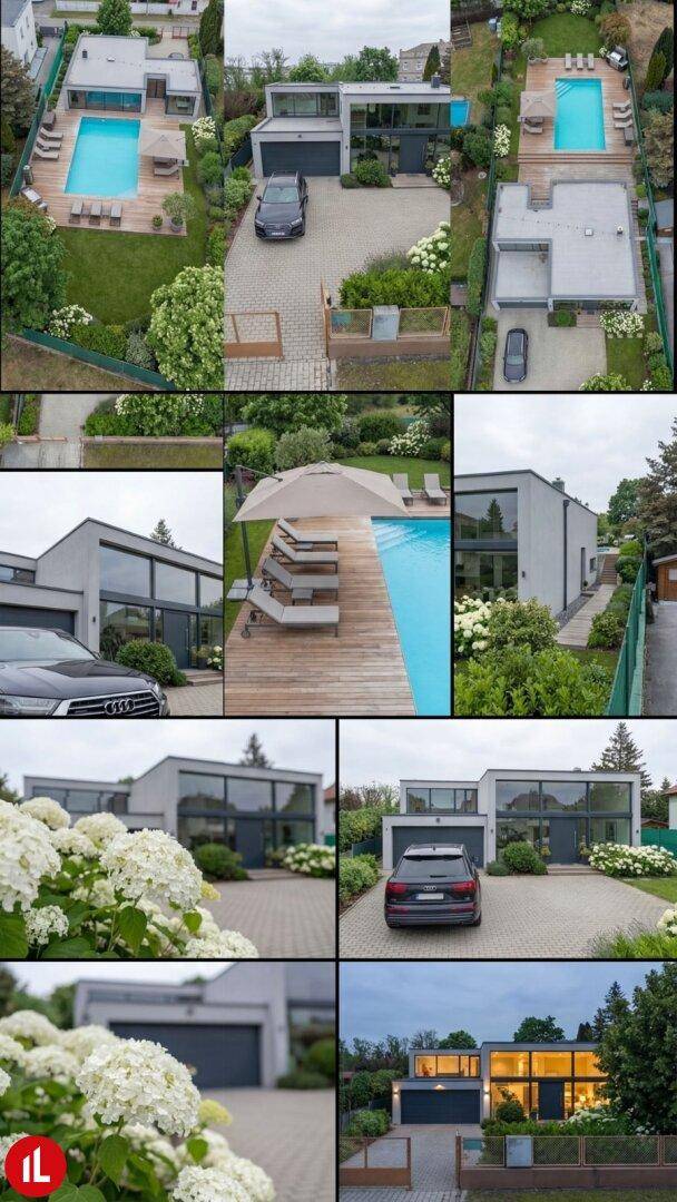Collage aus Luftaufnahmen und Detailansichten einer modernen Villa mit Pool und gepflegtem Garten.