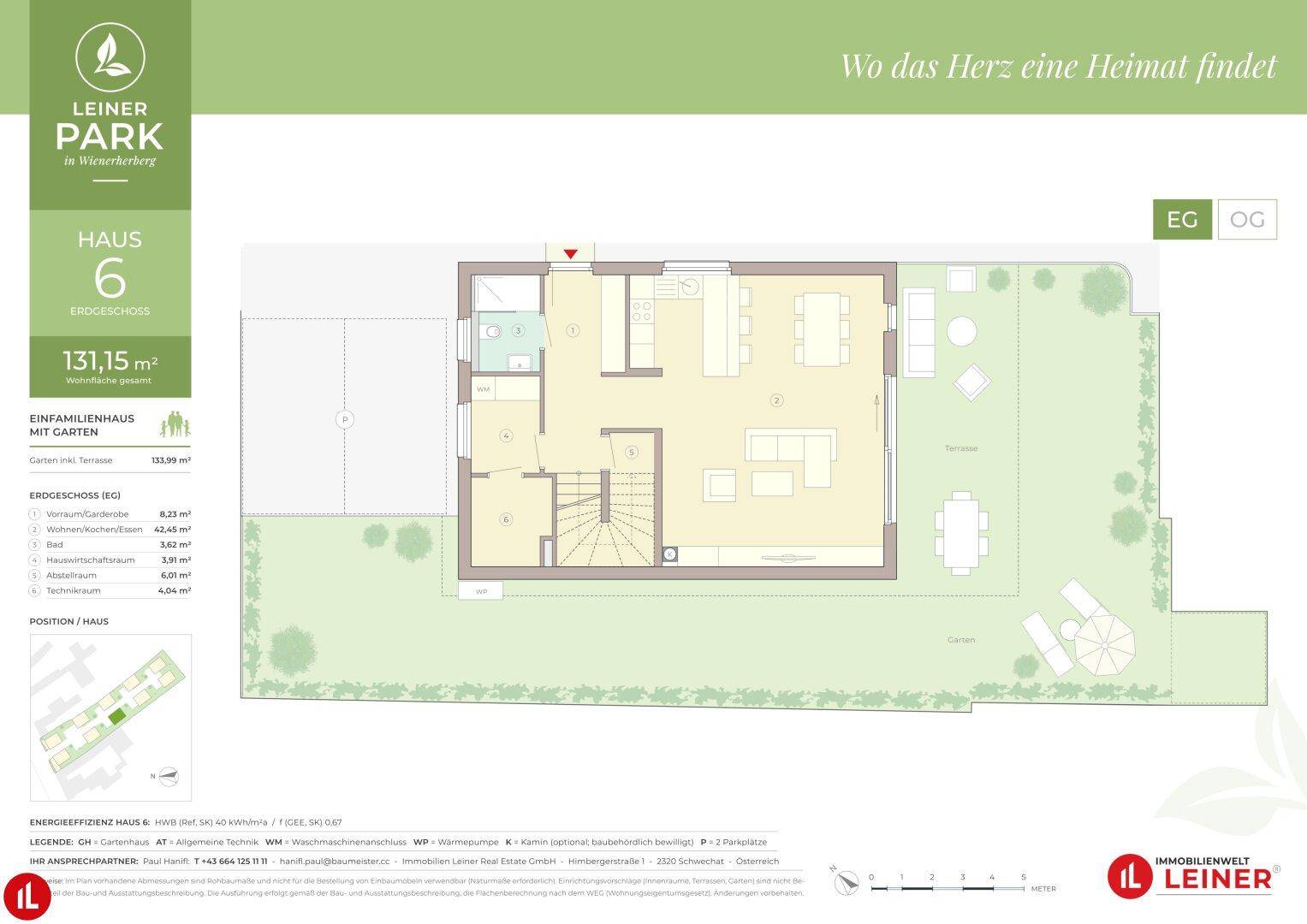 Grundriss des Erdgeschosses mit offenem Wohnbereich, Küche, Terrasse und Garten.