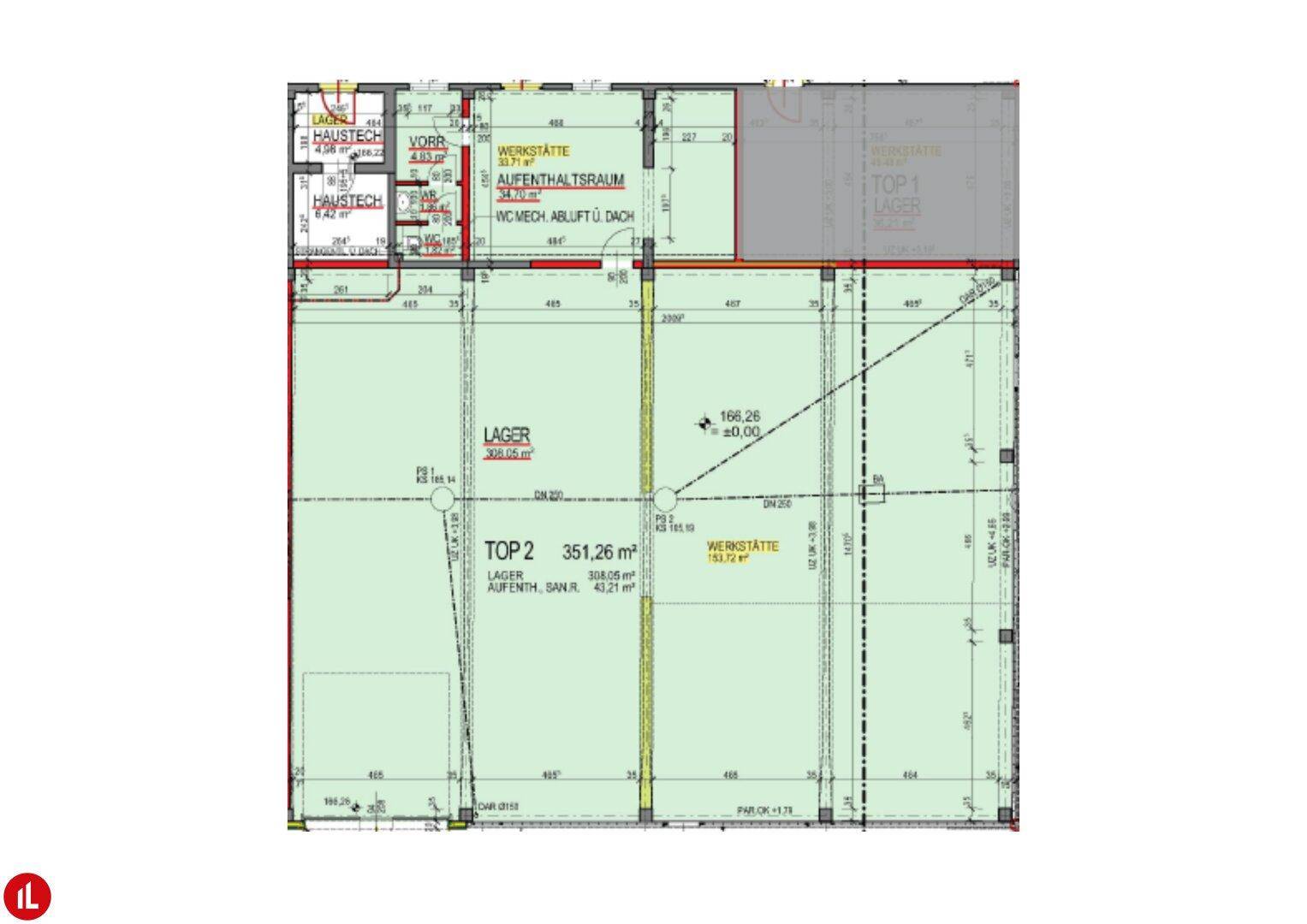 Grundrissplan einer Gewerbefläche mit Lager, Werkstatt, Aufenthaltsraum und Technikbereichen.
