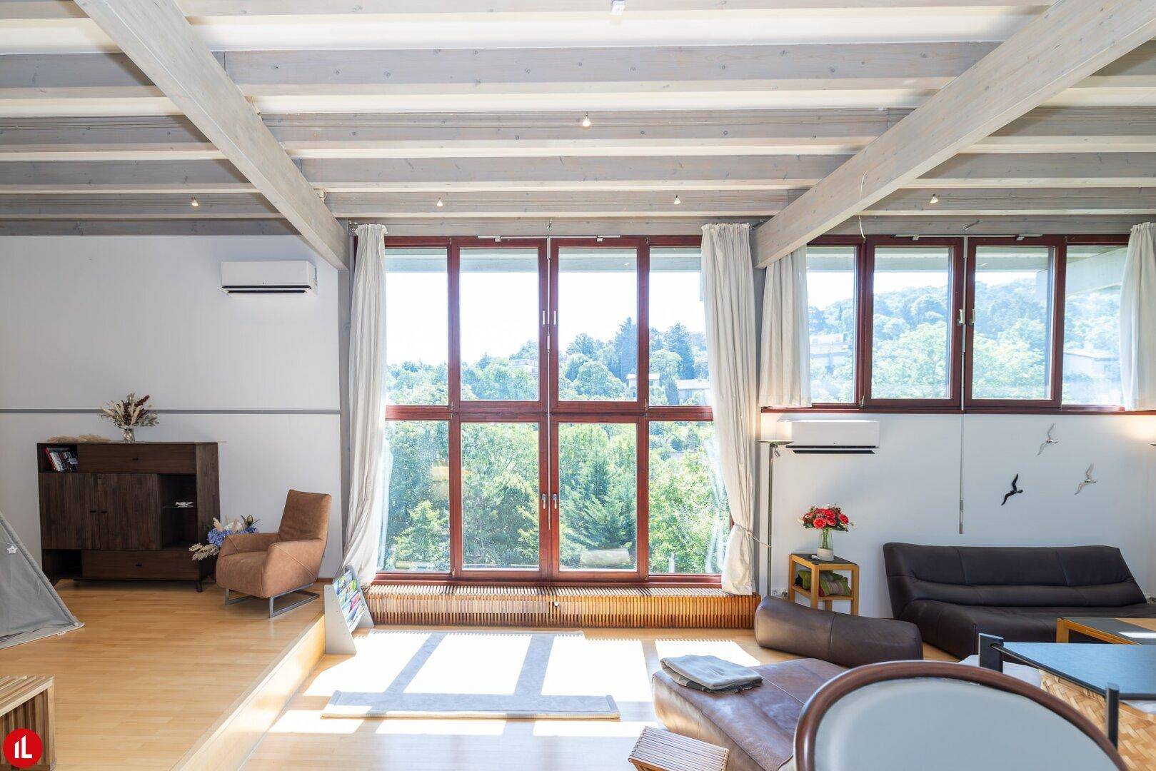 Lichtdurchflutetes Wohnzimmer mit Holzbalkendecke, Klimaanlage und weitem Blick ins Grüne.