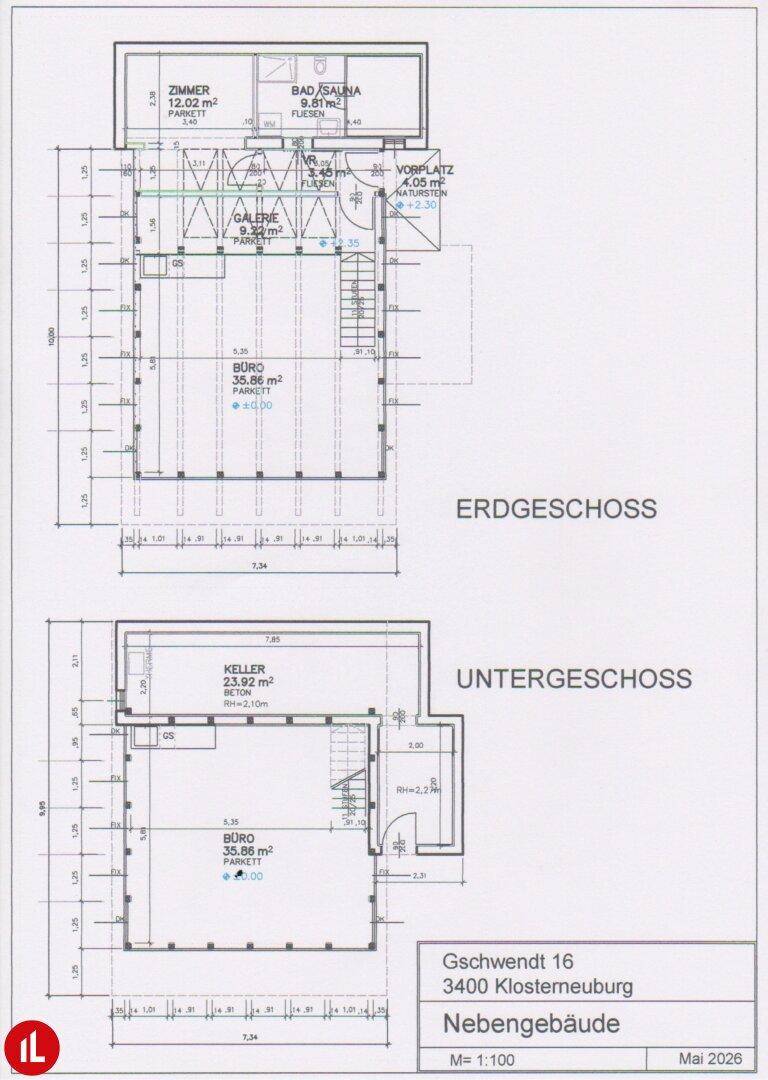 Grundriss des Nebengebäudes mit Büro, Sauna im Erdgeschoss und Keller im Untergeschoss.