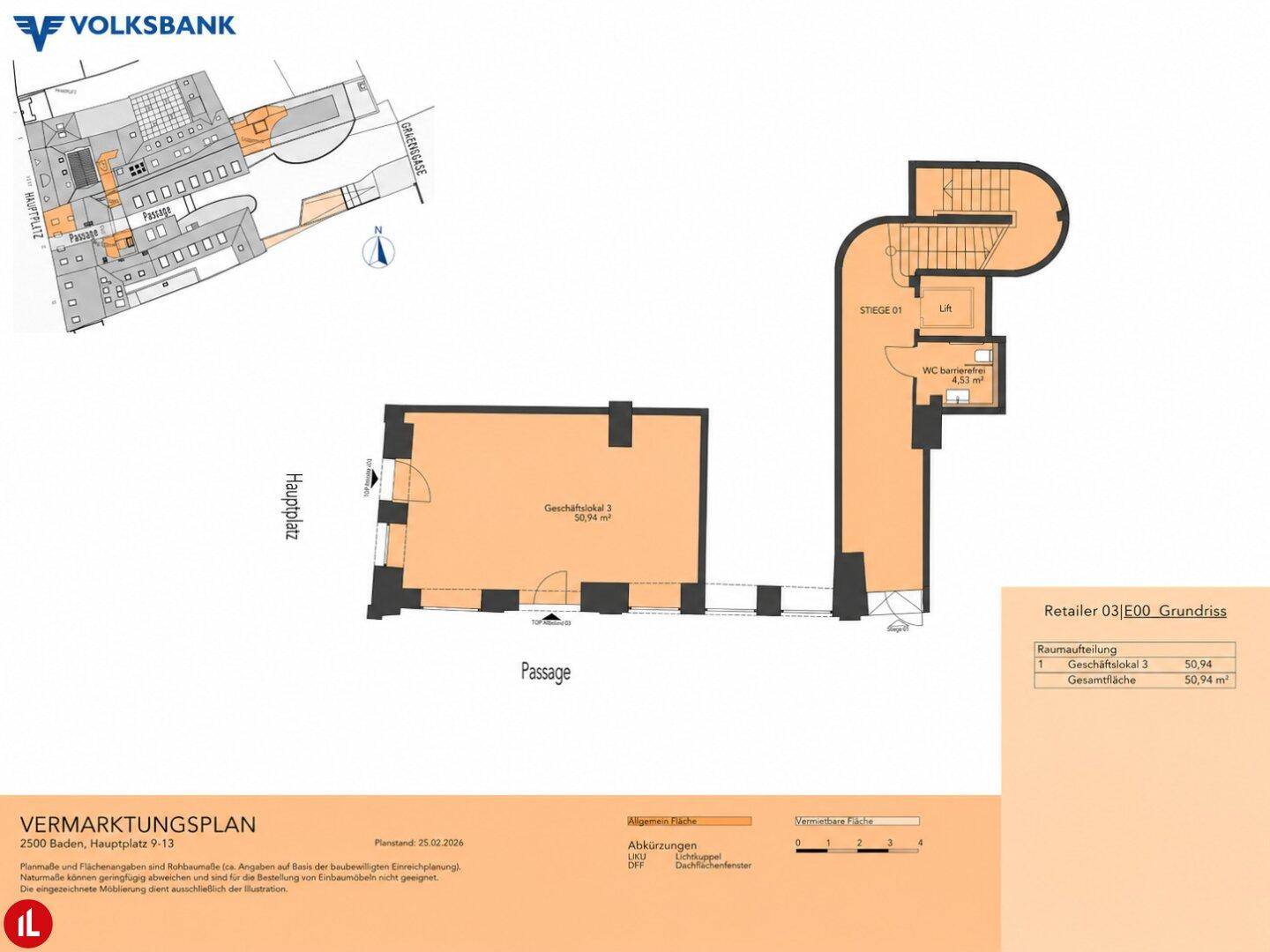 Grundrissplan eines Geschäftsraums mit 50,94 m² und separatem Treppenhausbereich inklusive Lift.