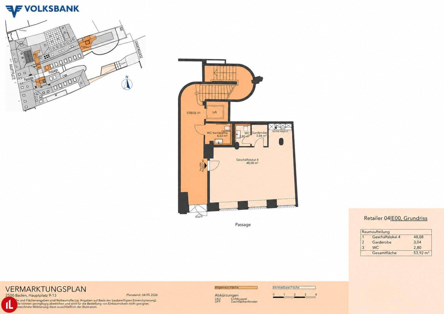 Grundriss eines Geschäftslokals mit Hauptraum, Garderobe und WC, inklusive Treppenhauszugang und Lageplan.