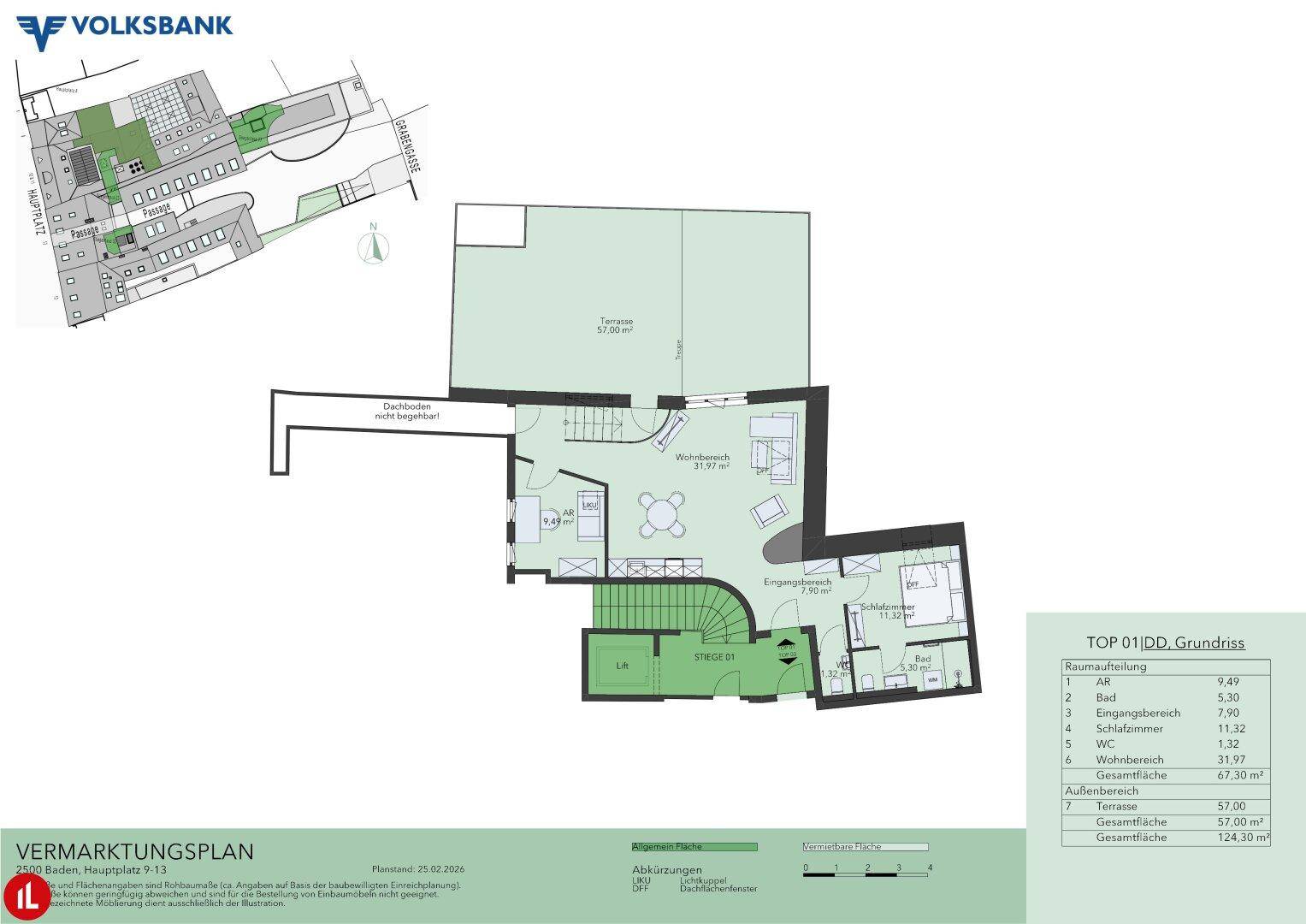 Detaillierter Grundriss einer modernen Wohnung mit offener Raumaufteilung und großer Terrasse.