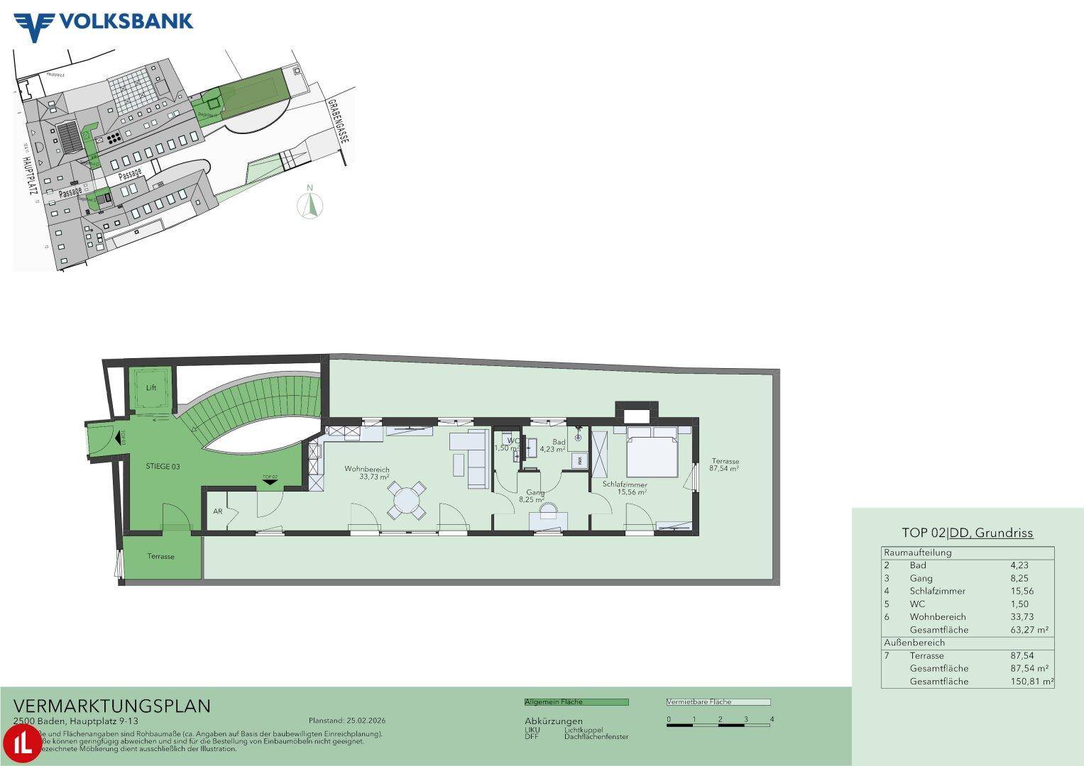 Grundriss einer Wohnung mit Wohnbereich, Schlafzimmer, Bad, WC, zwei Terrassen und Zugang zum Lift.