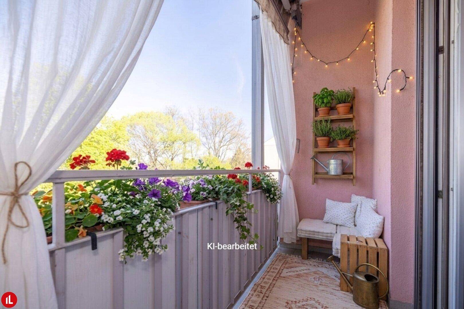 Dekorierter Balkon mit Pflanzen, gemütlicher Sitzecke, Teppich und Lichterkette für entspannte Stunden.