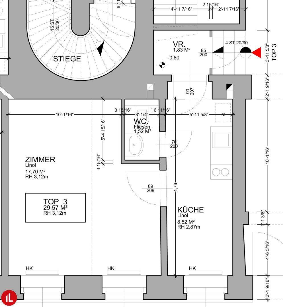 Grundrissplan einer Wohnung mit Zimmer, separatem WC und Küche, inklusive Treppenhaus und Flur.