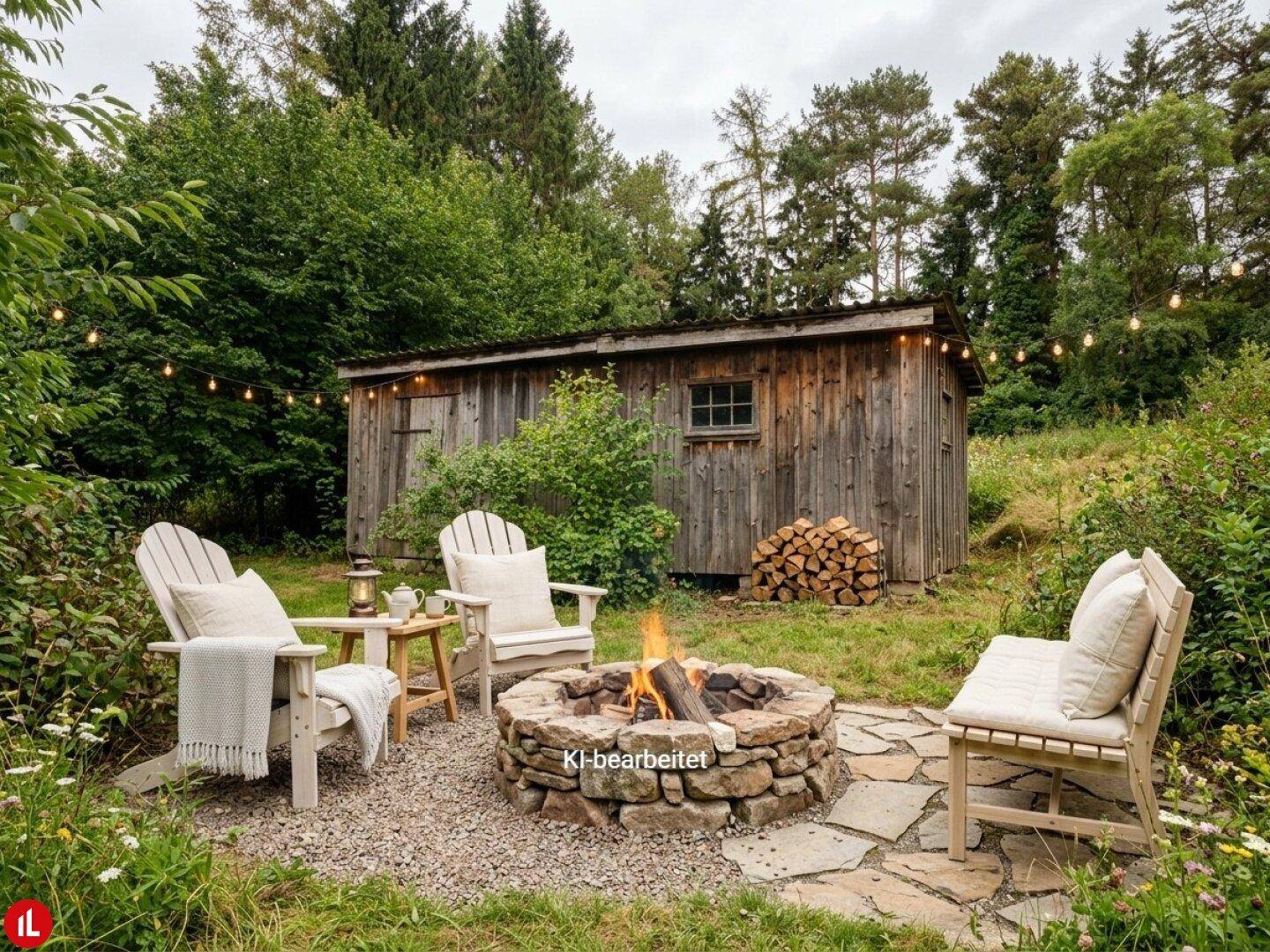 KI-bearbeiteter Gartenbereich mit gemütlicher Feuerstelle, Sitzgelegenheiten und Lichterkette.