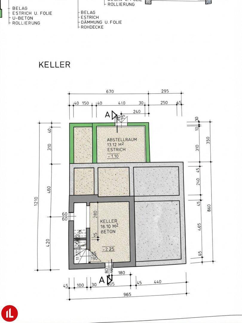 Grundriss des Kellers mit Abstellraum und weiteren Nutzflächen, inklusive Treppenaufgang.