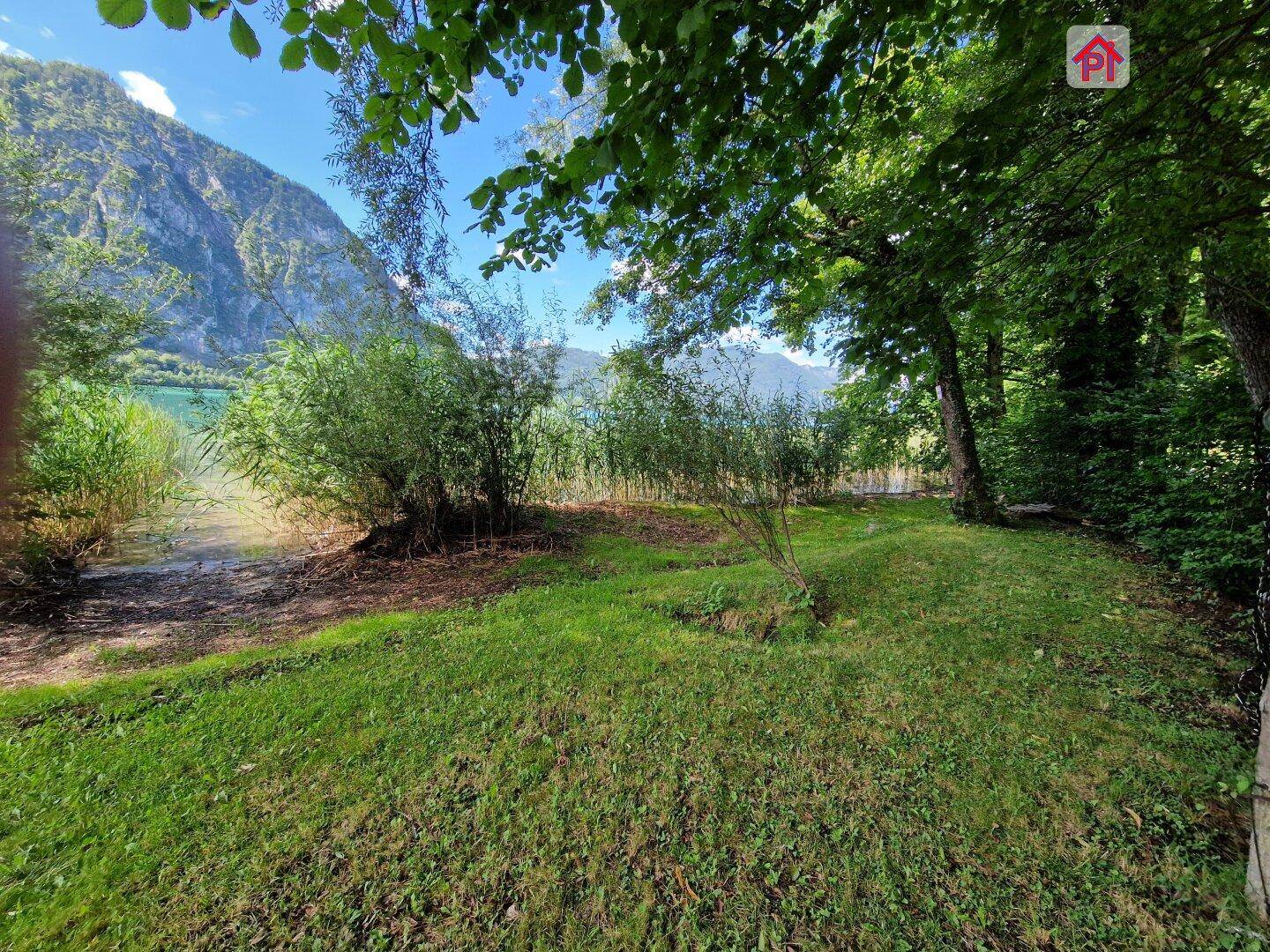 Idyllischer Gartenbereich am Seeufer mit direktem Zugang zum Wasser und umgebender Natur.