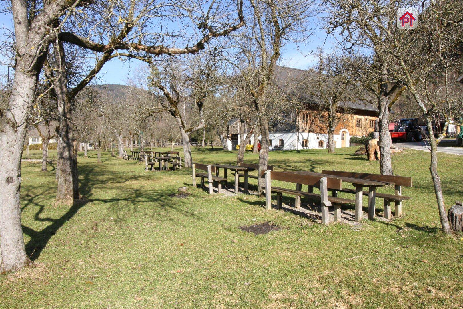 Weitläufiger Gartenbereich mit mehreren Holztischgruppen und alten Bäumen, im Hintergrund ein traditionelles Gebäude.