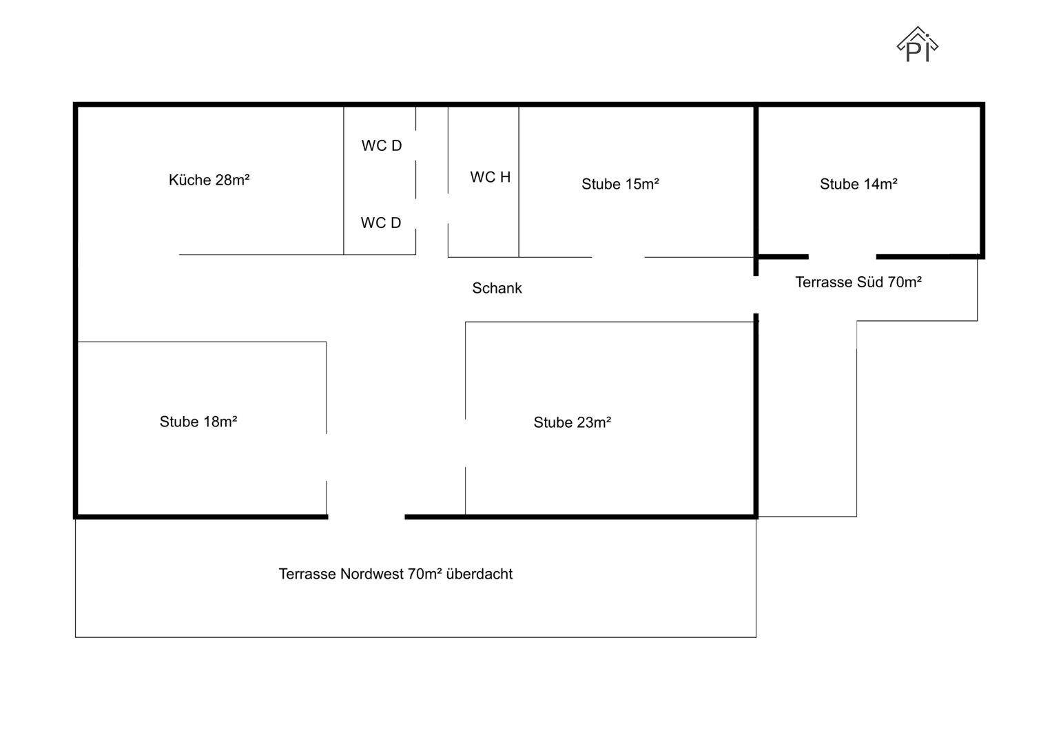 Grundrissplan mit mehreren Stuben, einer Küche, Toiletten und zwei Terrassenbereichen.