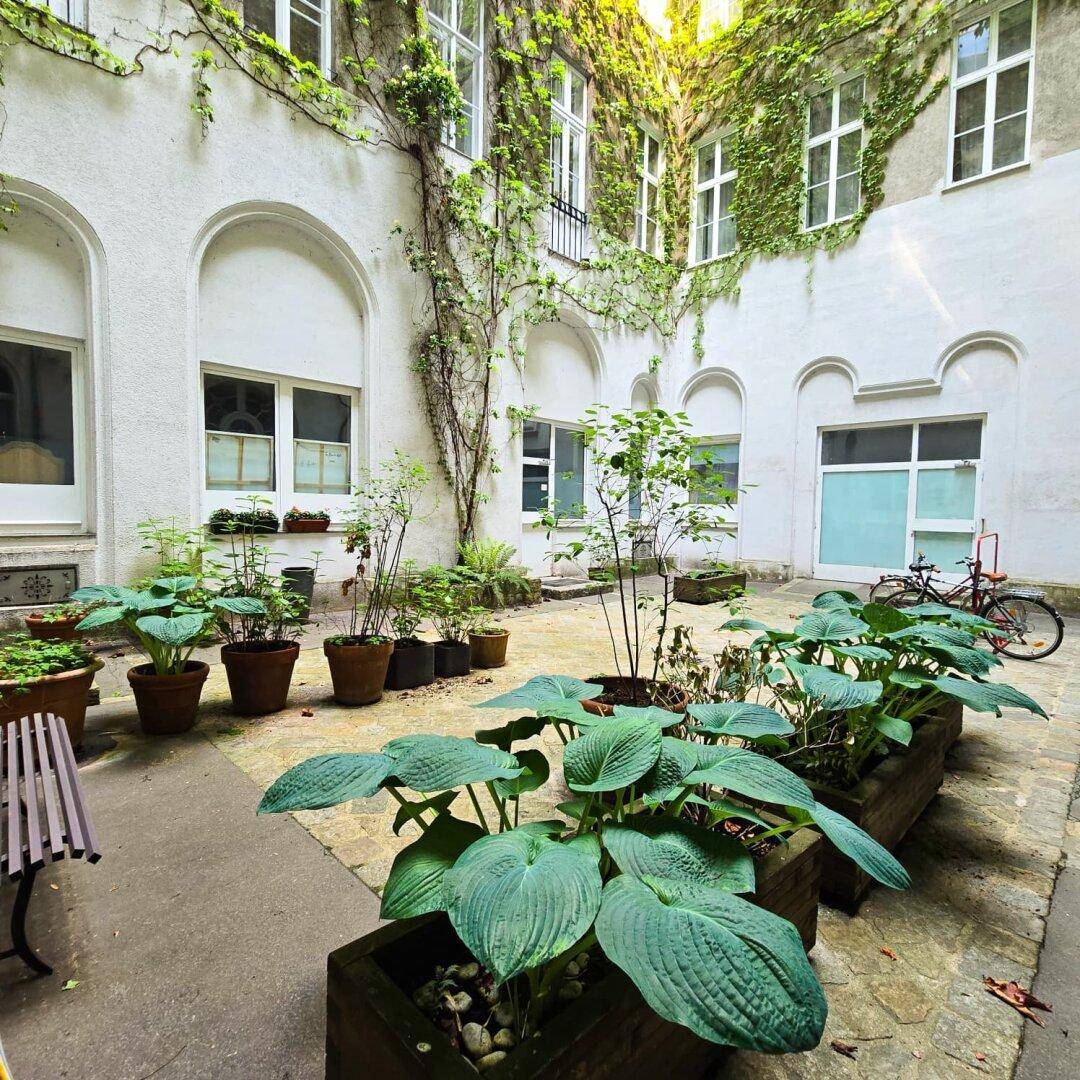 Begrünter Innenhof mit Pflanzen in Töpfen, einer Sitzbank und Kopfsteinpflaster, umgeben von Altbaufassaden.