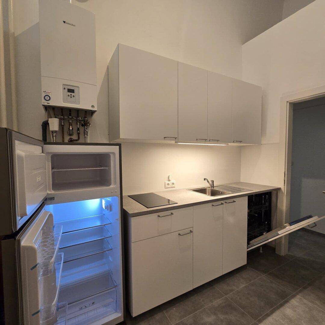 Moderne Küchenzeile mit Kühlschrank, Spüle, Induktionskochfeld und Geschirrspüler in hellem Design.