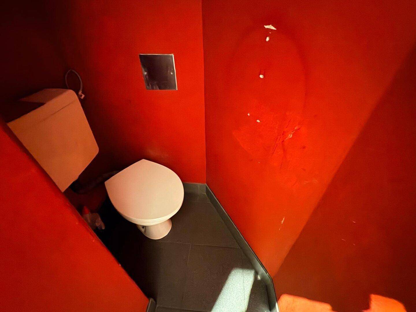 Kleiner Toilettenraum mit leuchtend roten Wänden und dunklen Bodenfliesen, minimalistisch eingerichtet und sauber.