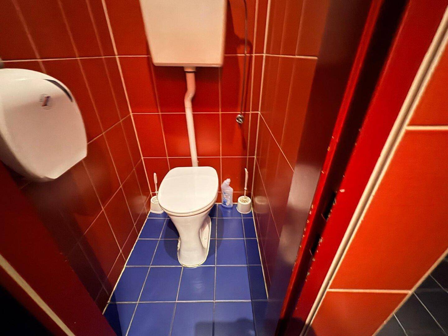 Toilettenraum mit leuchtend roten Wandfliesen und auffälligen blauen Bodenfliesen, von oben fotografiert.