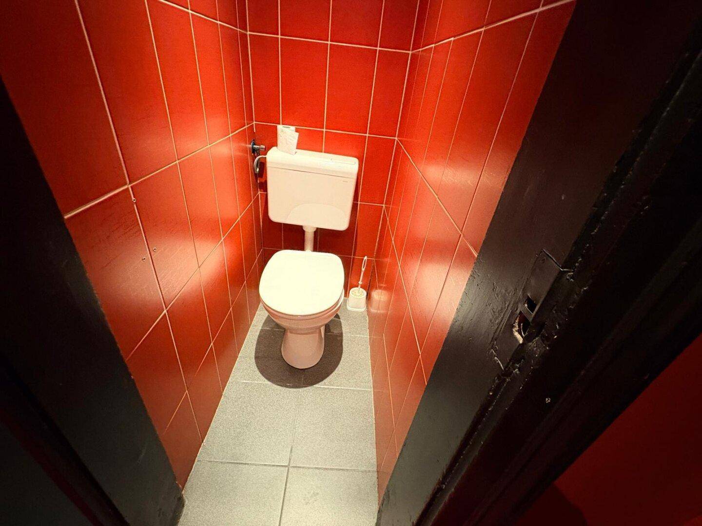 Schmaler Toilettenraum mit roten Wandfliesen und hellem Boden, gesehen durch eine offene dunkle Tür.