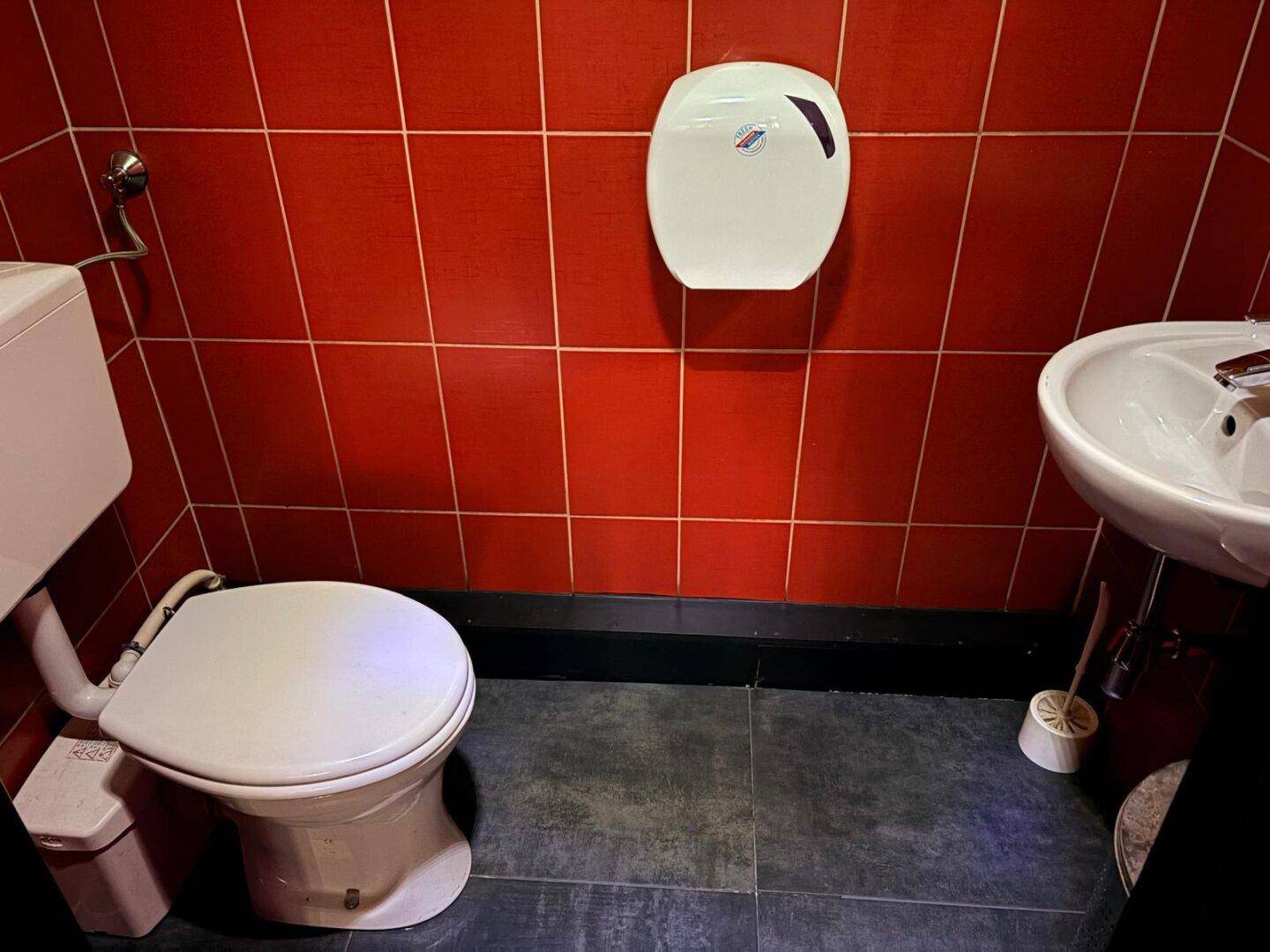 Toilettenbereich mit roten Wandfliesen, dunklem Boden und einem kleinen Waschbecken mit Handtuchspender.