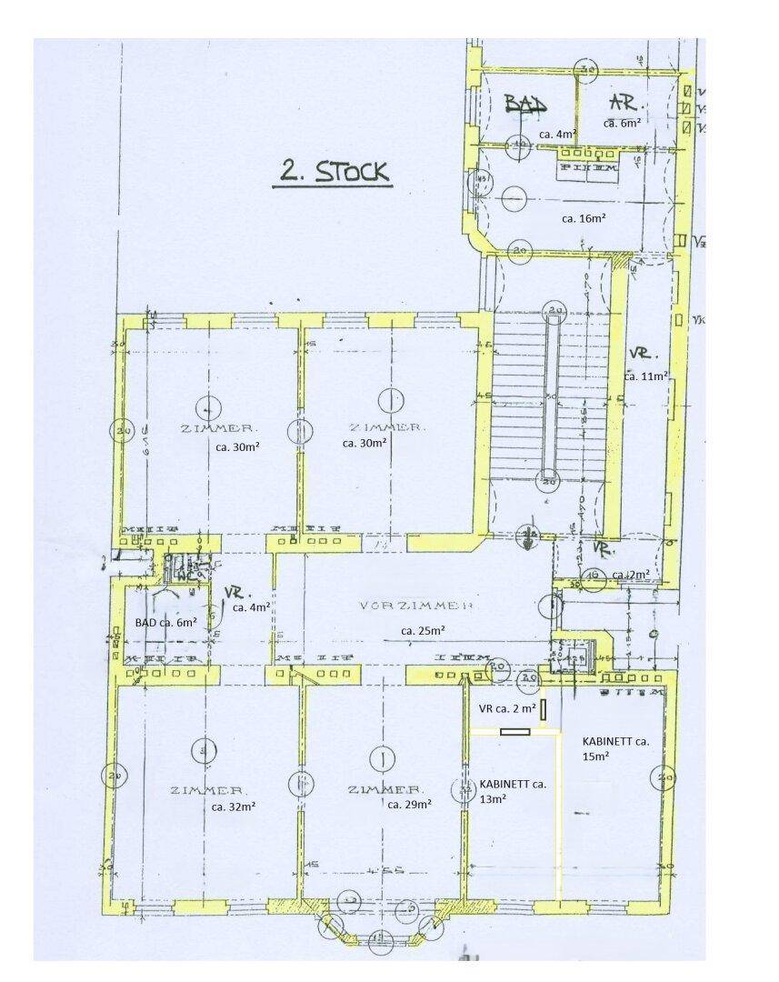 Grundriss des zweiten Stocks mit mehreren Zimmern und Bädern, ca. 16m² bis 32m².