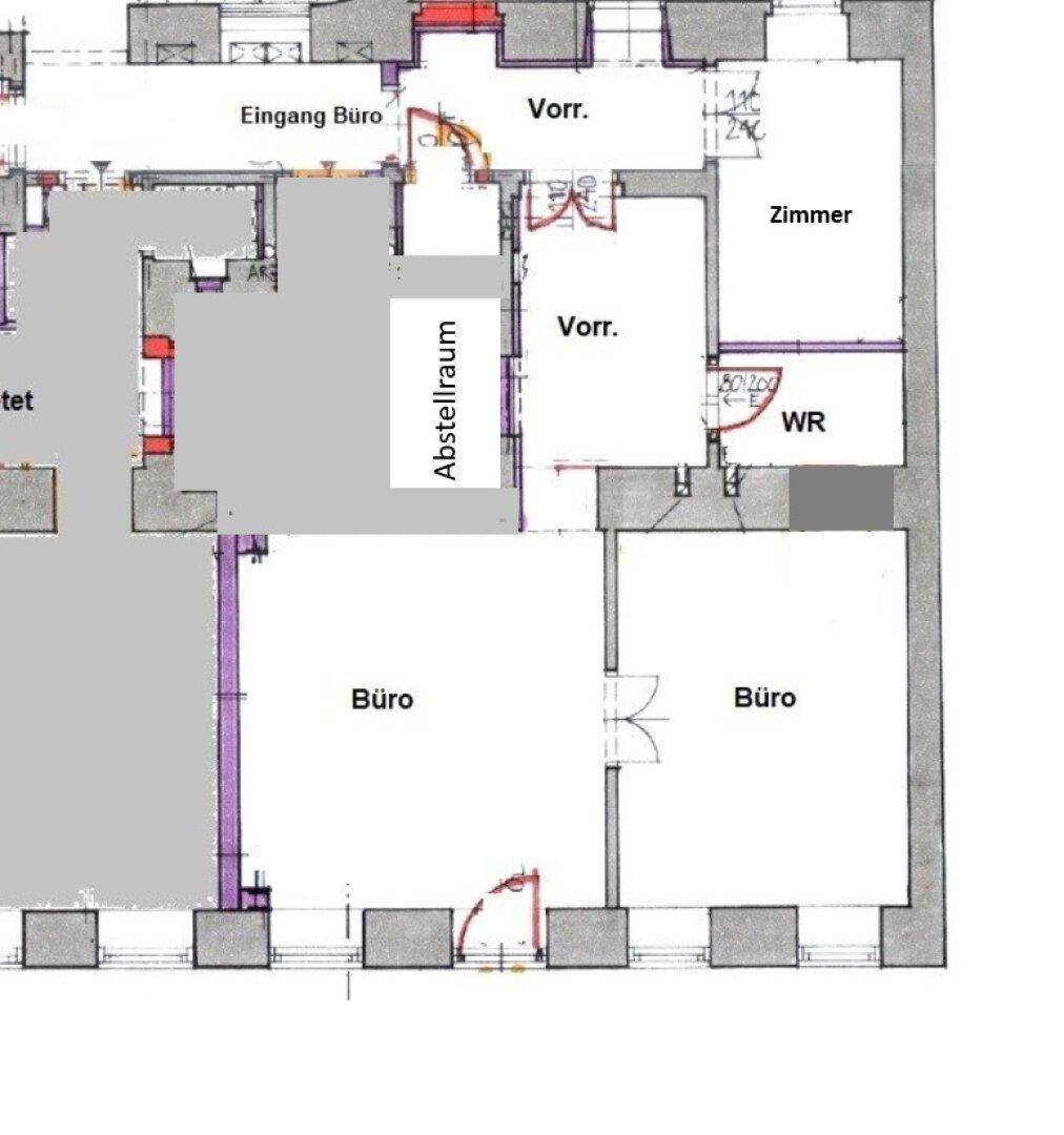Grundriss zeigt die Aufteilung in mehrere Büros, Zimmer und Abstellräume mit Eingangsbereich.