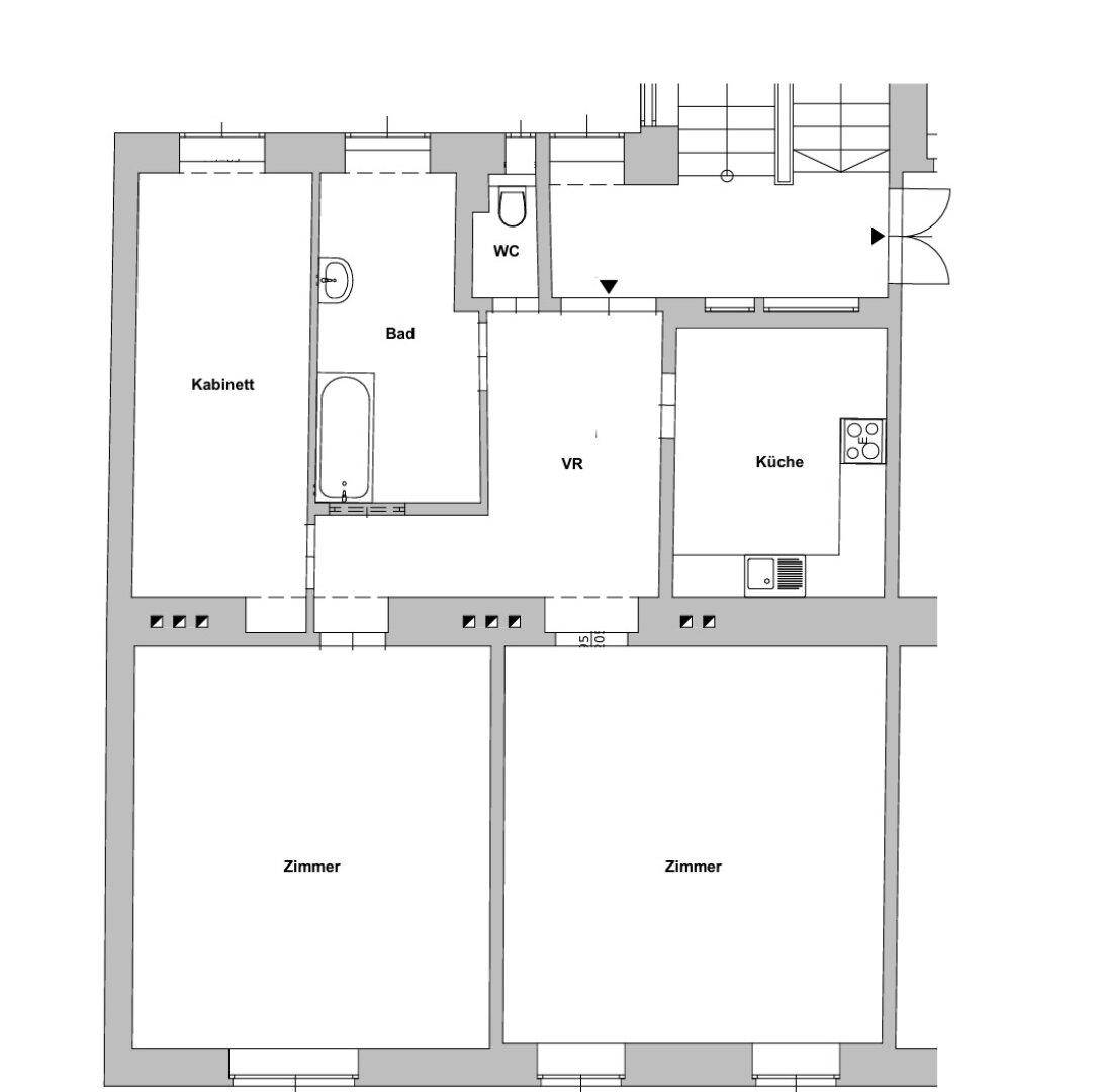 Grundriss der Wohnung mit Zimmern, Bad, WC und Küche.