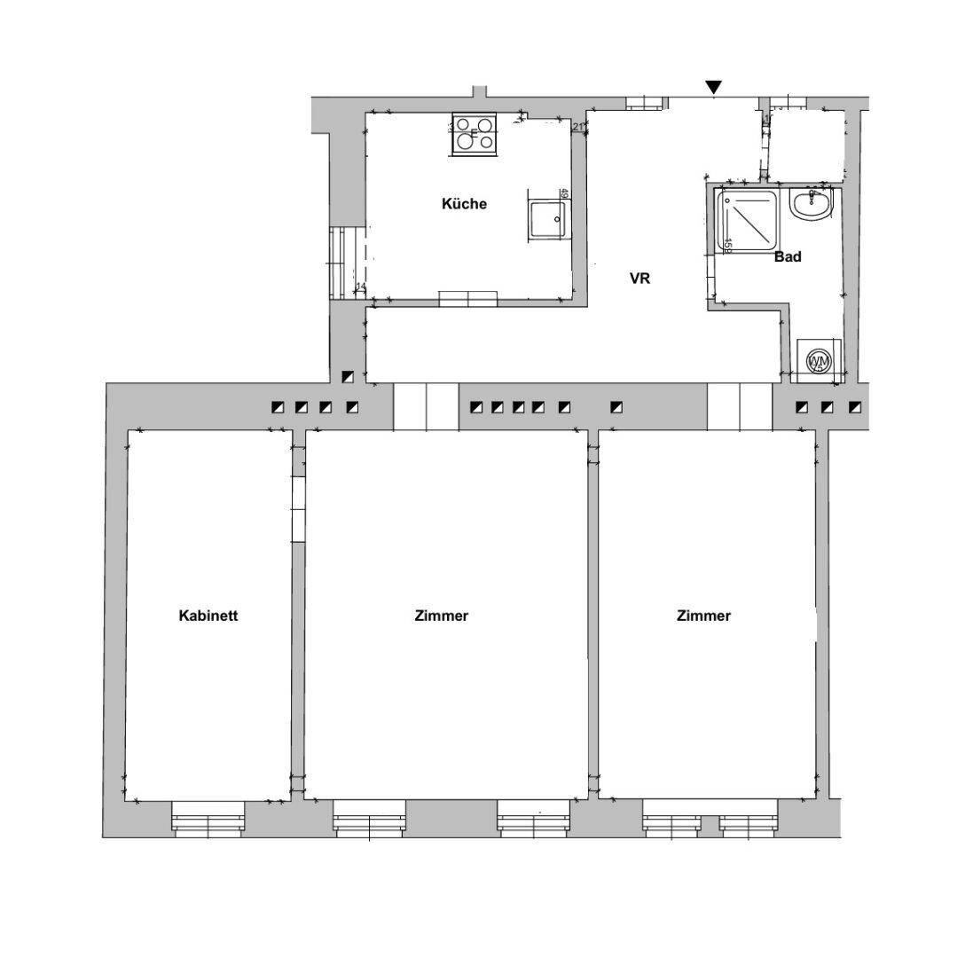 Grundriss der Wohnung mit Küche, Bad, Vorraum und drei Zimmern.